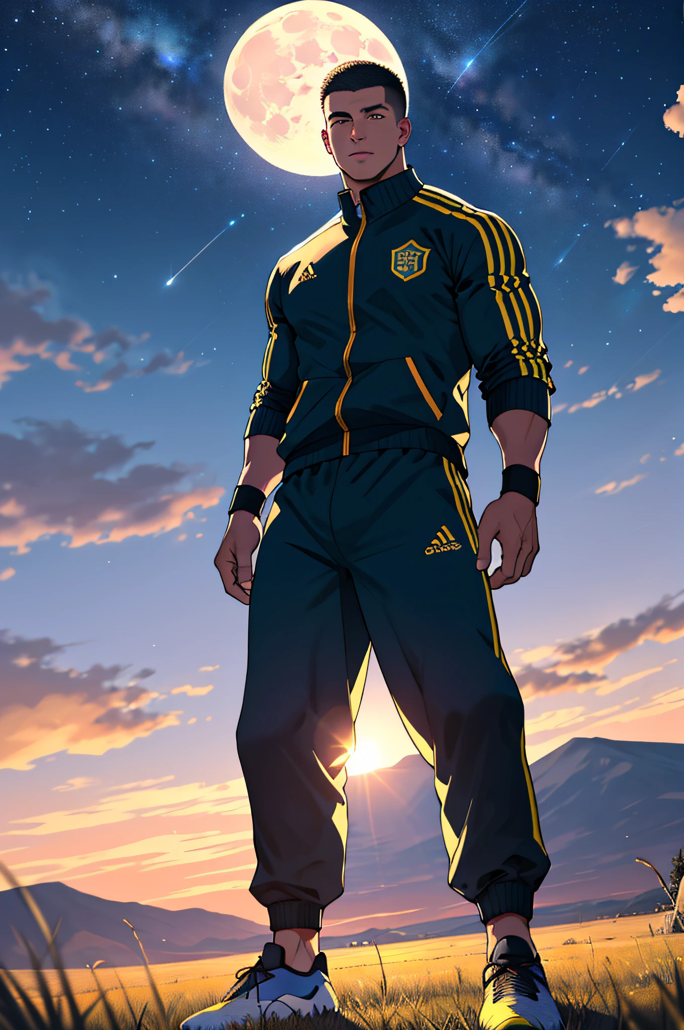 Draw a full-fledged footballer，Standing on the steppe at night，He was wearing a tracksuit，The man looks confident and determined，looking-down，Crew cut，full bodyesbian，Stars dot the sky，shooting from below，Big moon highlights background