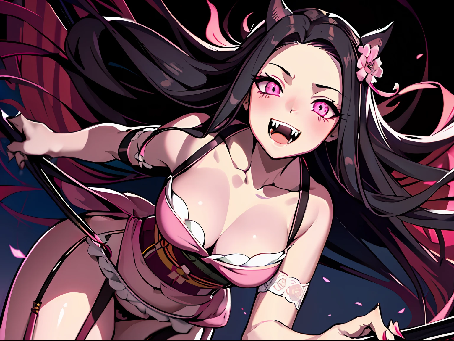 masterpiece, (pink kimono), seductive face, good lighting, décolleté, fine details, masterpiece, glowing eyes, 1girl, black hair, (long fangs:1.5), Nezuko Kamado, edm concert background, masterpiece, best quality, POV, whole body, wide hips, (innocent face), (((garter straps)))