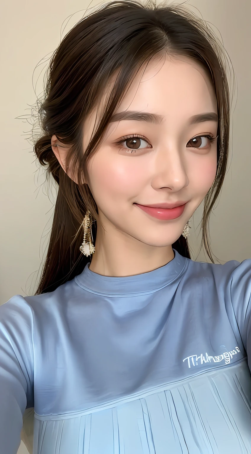 ((Best picture quality, 8K, tmasterpiece:1.3)), 1girll, Beautiful woman with slender abs:1.3, (Casual hairstyle, huge tit:1.2), Ultra-fine face, A detailed eye, 二重まぶた，ssmile，Home，no clothe，nakeness