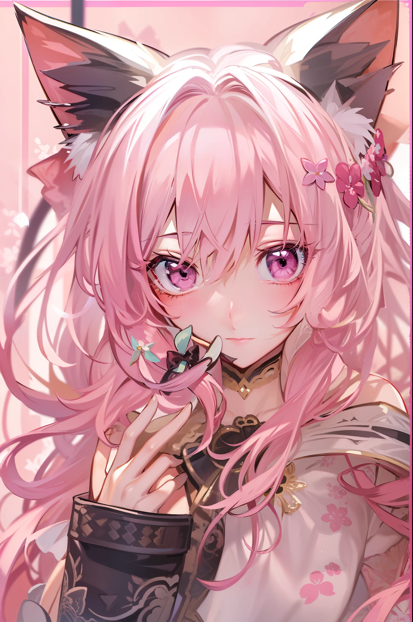 Masterpiece, Best quality, Ultra-detailed, illustration,(1girll),Beautiful detailed eyes close-up pink hair, Shy, Cat ears