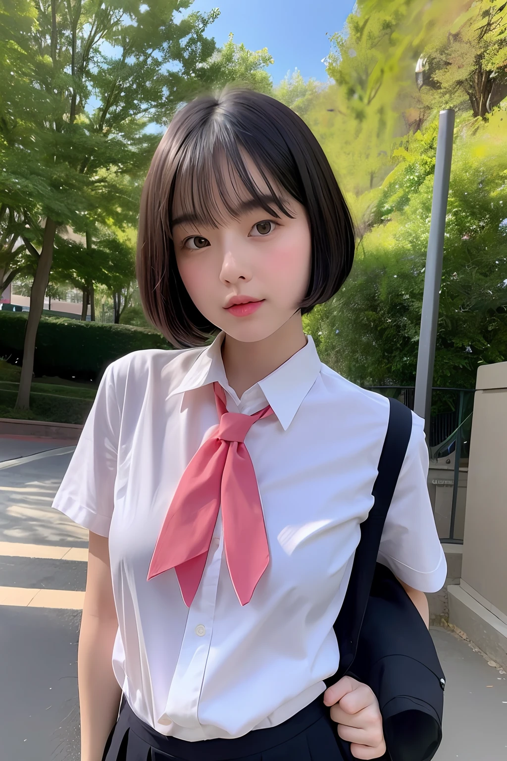 red blush、hi-school girl、Colossal tits、、short-hair、Drawing、in school uniform、schools