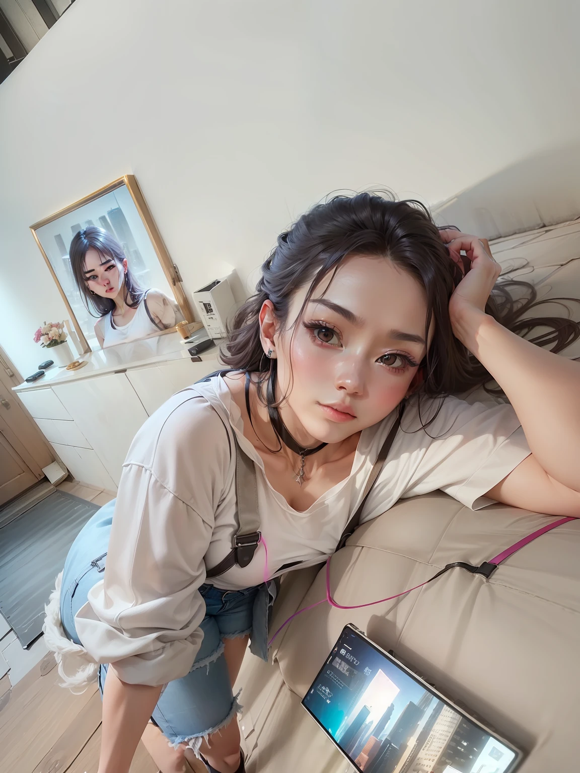 ((midynight, Need, 8k, tmasterpiece:1.3)), full bodyesbian, Long legs, Focalors:1.2, perfect figure beautiful woman:1.4, Slim abs:1.1, ((Dark brown hair, huge tit:1.2 )), (white tight t-shirt, Denim suspenders, standing on your feet:1.2), ((city night scene, the roof:1.3)), Highly detailed facial and skin texture, A detailed eye, 二重まぶた，blacksilk