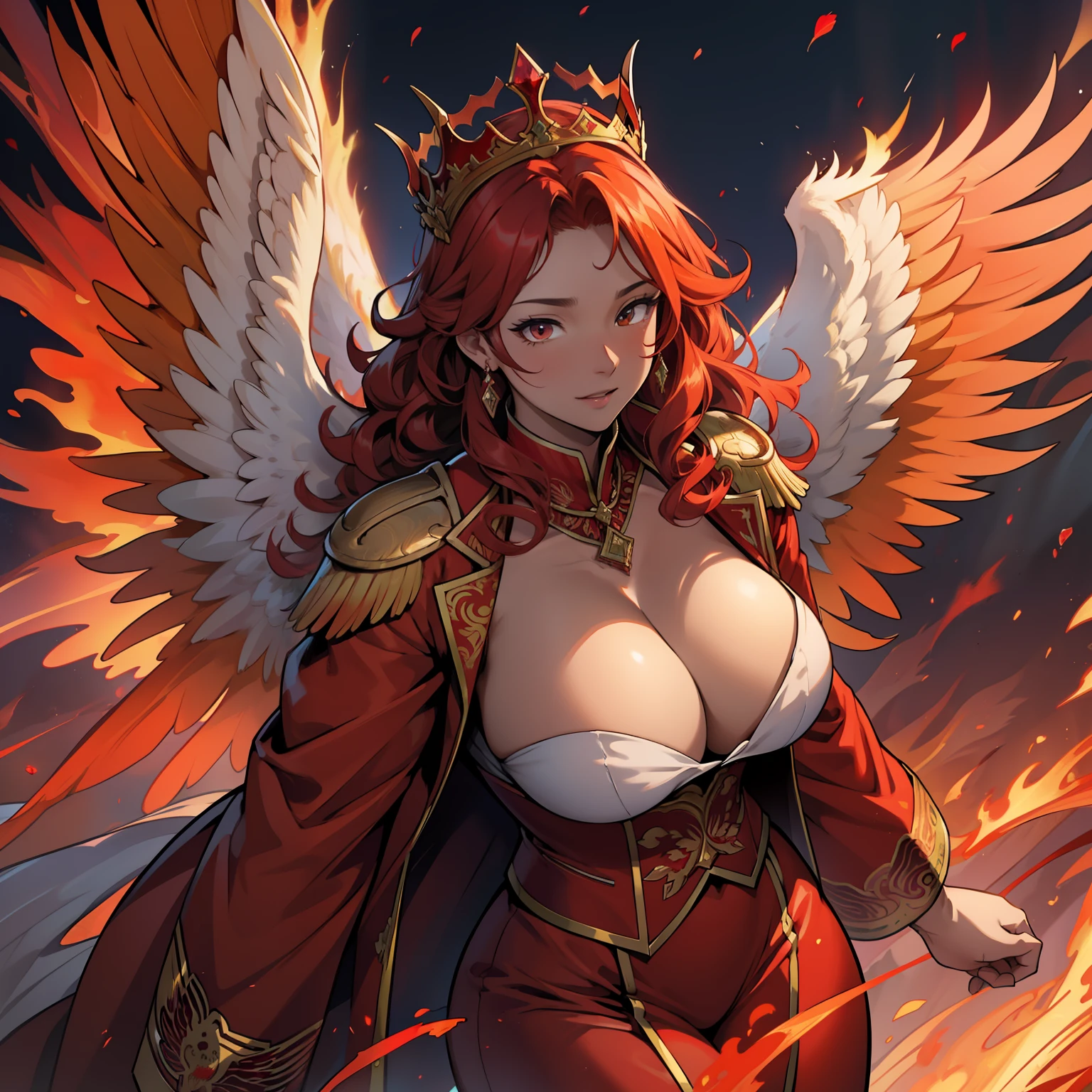 Red Phoenix , beautiful female, chubby, flames on body, huge wings, curly hair, flames, fire, in gardens of roses, supreme royal attire, massive wings, red wings, crown,  chest