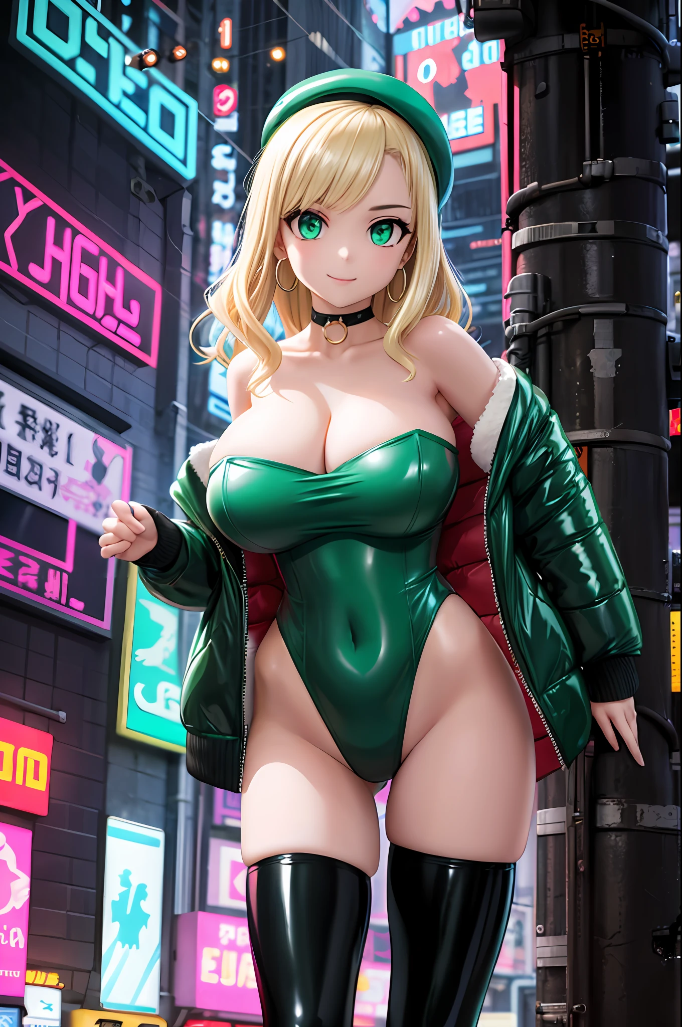 (best-quality:0.8), (best-quality:0.8) 1girl, (huge breasts:1.2), perky breasts, (green latex strapless leotard:1.6), visible through clothing, light smile, skinny, narrow waist, platinum blonde hair, wavy hair, (lipstick:1), individual breast cups, latex beret, choker with gemstone, (wearing an open puffer jacket over the leotard:1.6), thigh highs, hoop earrings, (wide hips:1), (cyberpunk city:1.5), night time, neon lights