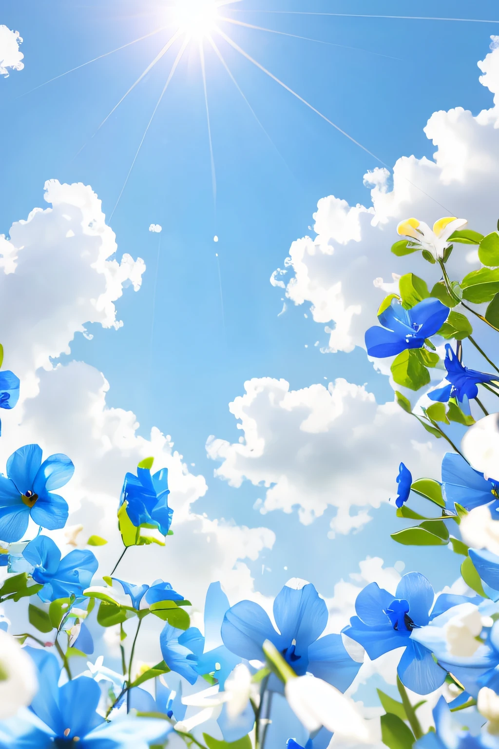 Blue flowers,Blue wind chimes,Blue bellflower,Dreamy,Outdoor light,with blue sky and white clouds,the sky background,White platform