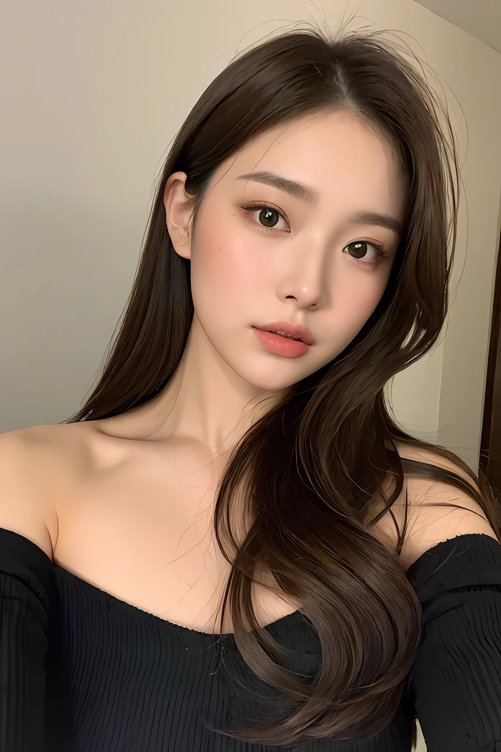 ((nighttime scene,逼真光线,best qualtiy,8K,tmasterpiece:1.3)),1girll,Beautiful woman with plump body:1.4,(brown hair,mediuml breasts:1.3),Off-the-shoulder cut top:1.3,sofe,Super detailed face,Detailed eyes,二重まぶた