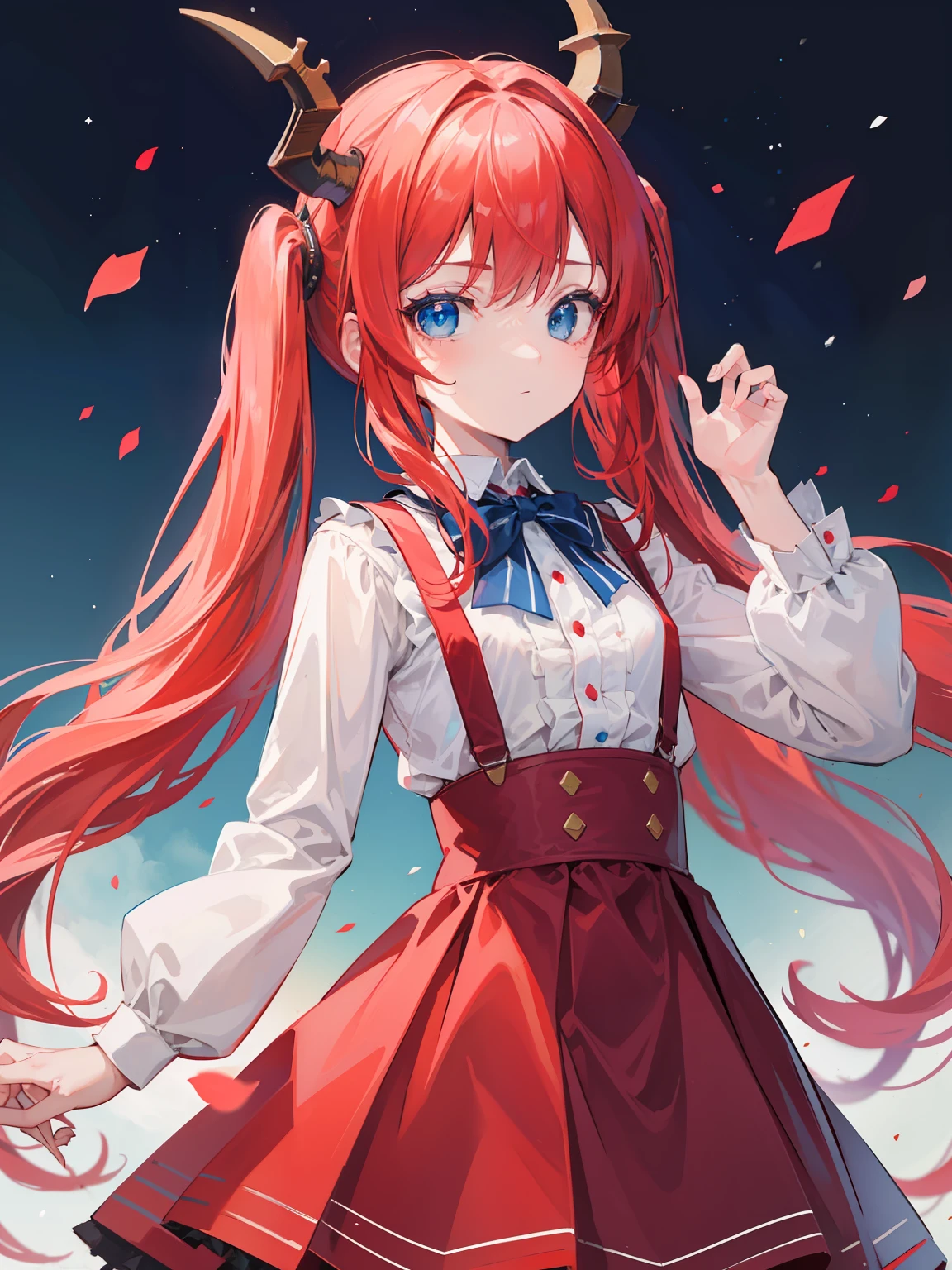{{best quality}}, {{masterpiece}}, {{ultra-detailed}}, {illustration}, {detailed light}, red hair,blue eyes,twintails,lolita,Suspenders skirt,Fantastic,loli,solo,Dragon horns,little girl,long hair