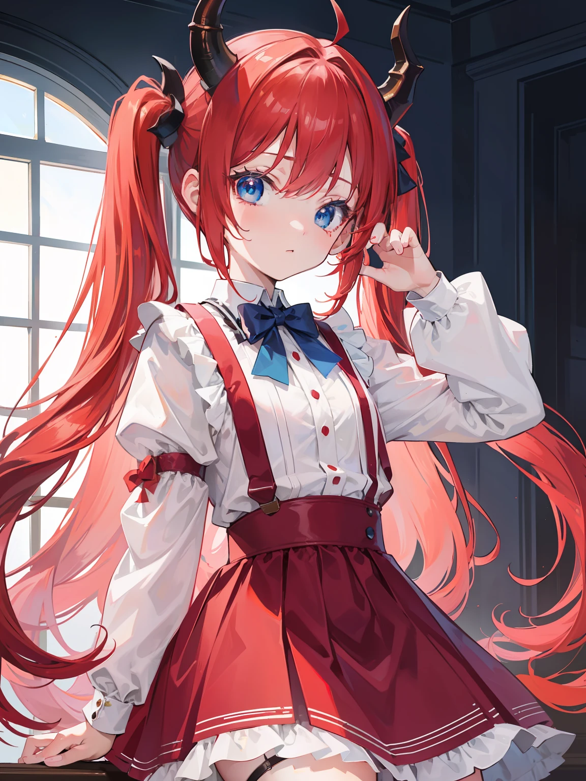 {{best quality}}, {{masterpiece}}, {{ultra-detailed}}, {illustration}, {detailed light}, red hair,blue eyes,twintails,lolita,Suspenders skirt,Fantastic,loli,solo,Dragon horns,little girl,long hair