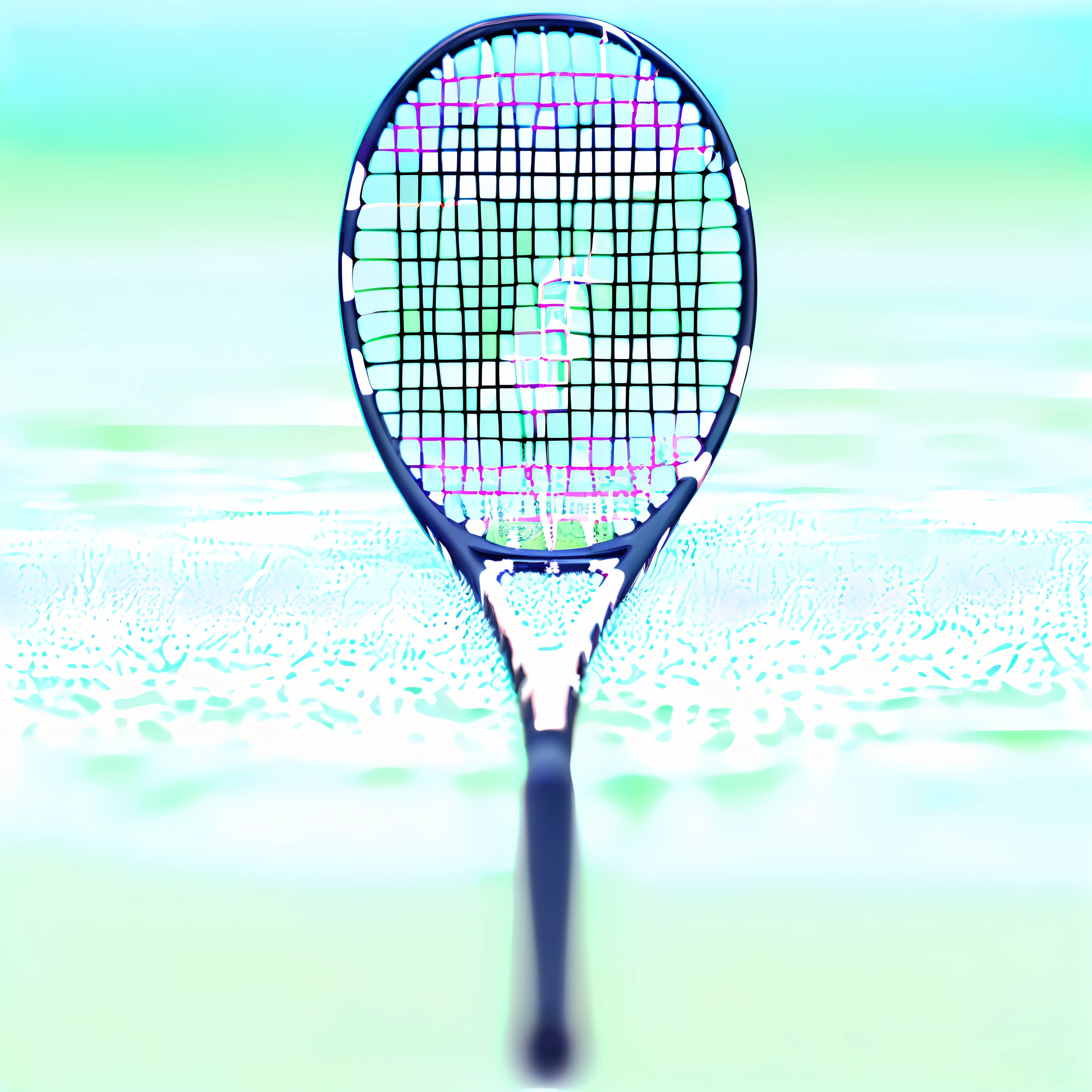 Close-up of tennis racket with number 7, tennis racket, tx, realistic rackets, superior detail, profile shot, item, profile, in detail, author：Tom Wenerstrand, vivd details, topaz, by Daniel Taylor, no gradien, trendsetter, exquisitedetails, Titanium, mediating, 1 6 x 1 6, quantum，Blue flower sea on background，Then, high quality, best picture quality, 4K genuine texture