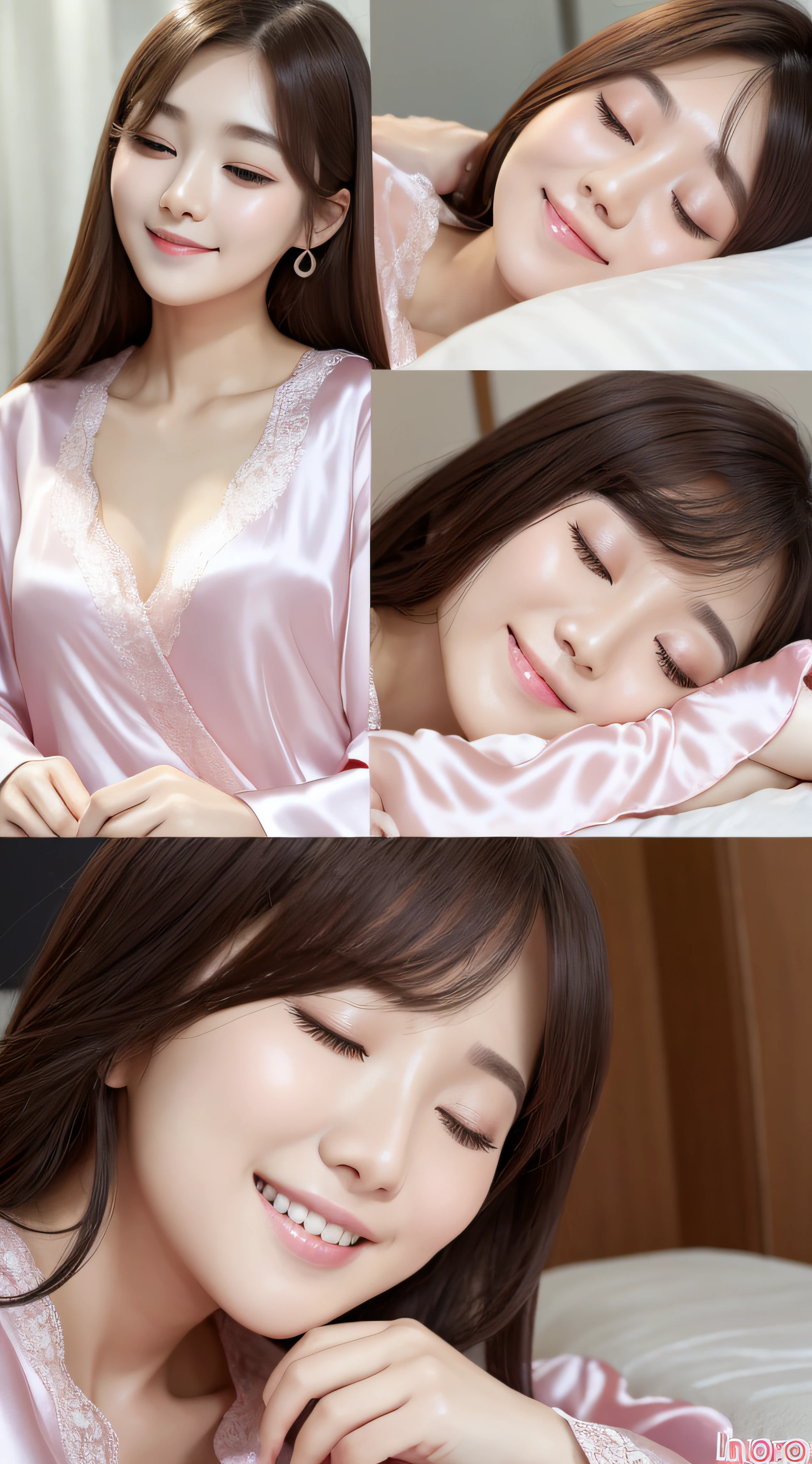 Korea's unparalleled beauty,up-close,frontage,Smiling,Pale pink silk nightdress,Lie down in bed,With his eyes closed,dimple,A satisfied face