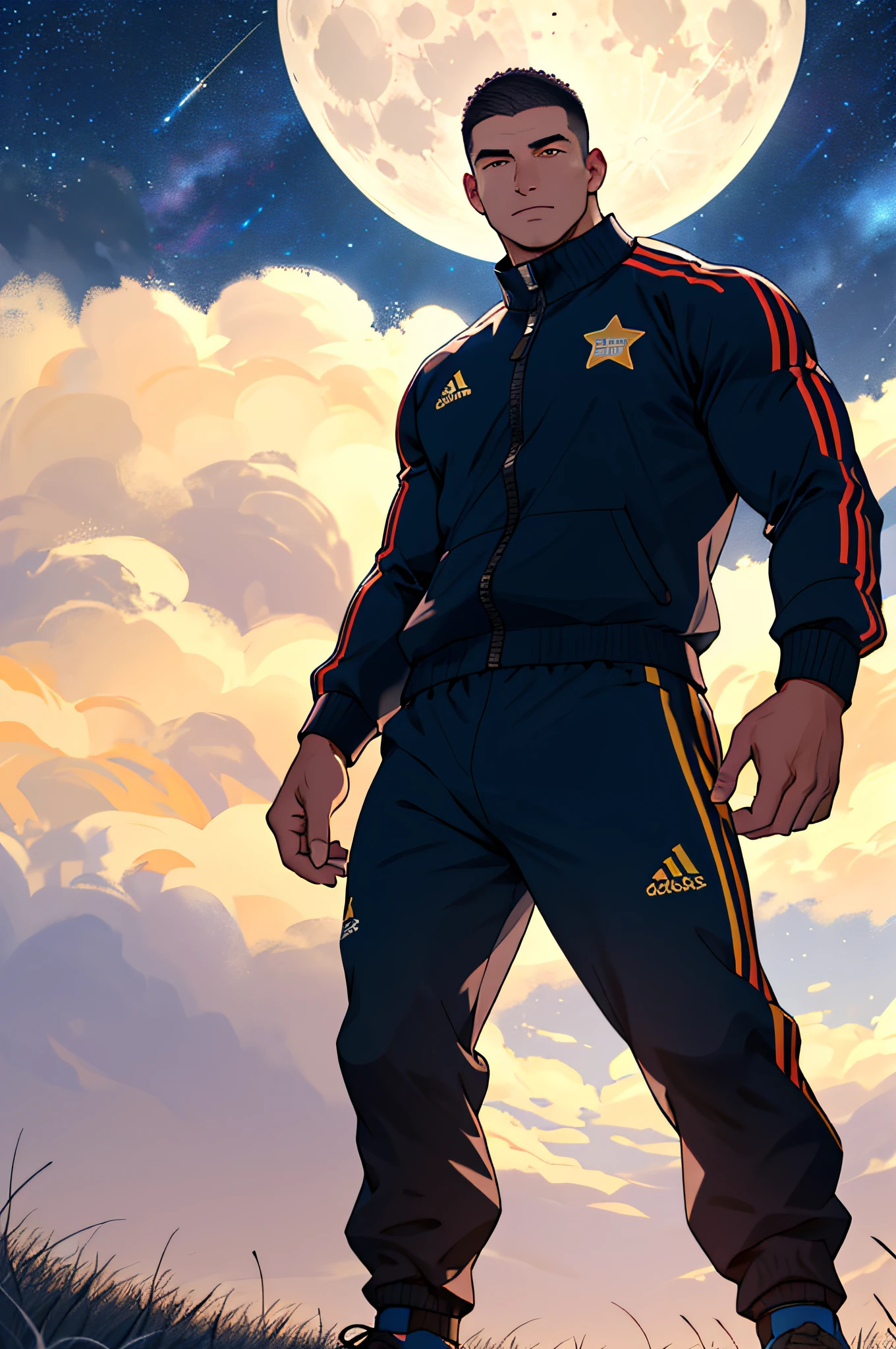 Draw a full-fledged footballer,Standing on the steppe at night,He was wearing a tracksuit,The man looks confident and determined,looking-down,Crew cut,full bodyesbian,Stars dot the sky,shooting from below,Big moon highlights background