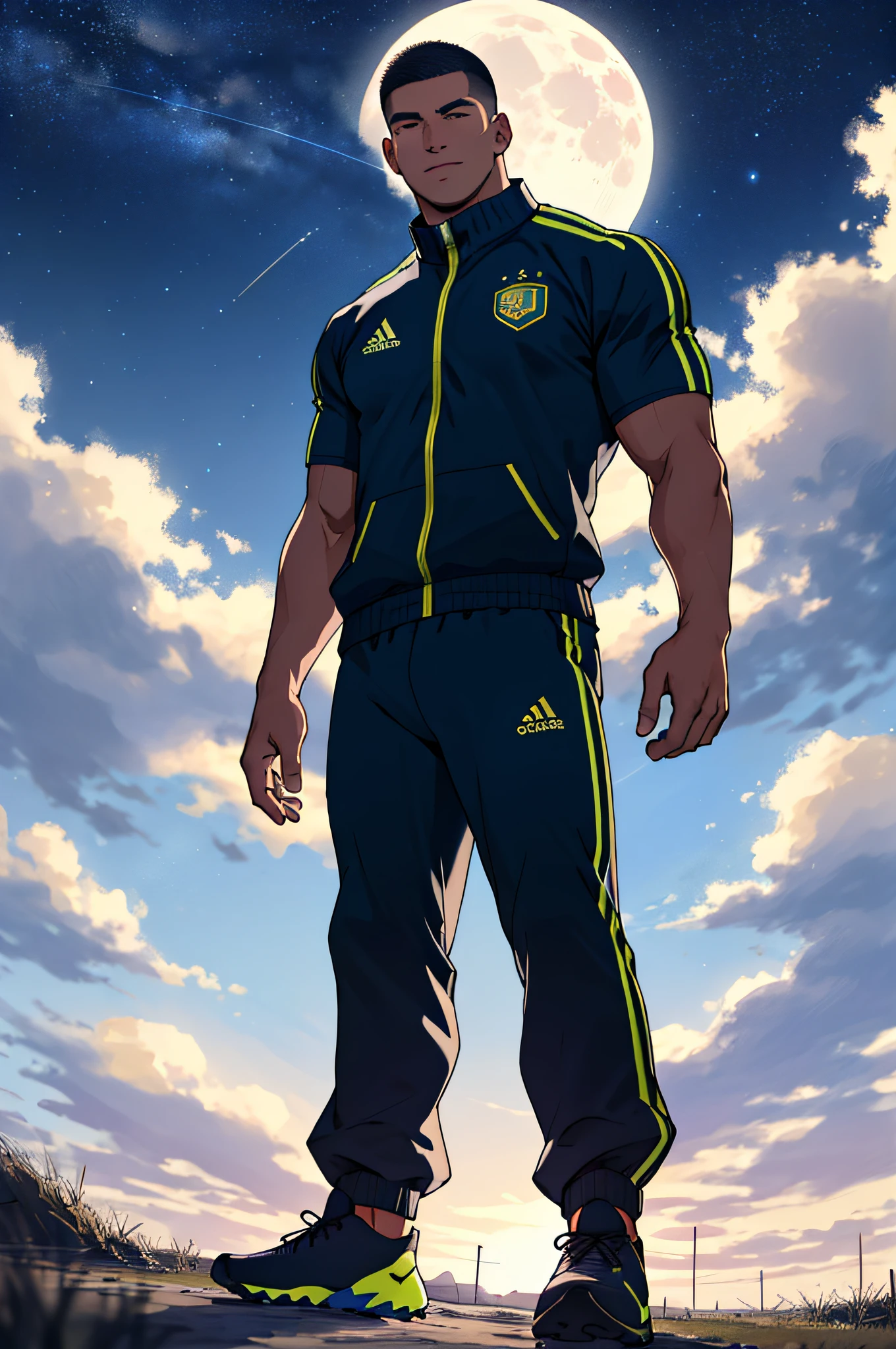 Draw a full-fledged footballer，Standing on the steppe at night，He was wearing a tracksuit，The man looks confident and determined，looking-down，Crew cut，full bodyesbian，Stars dot the sky，shooting from below，Big moon highlights background