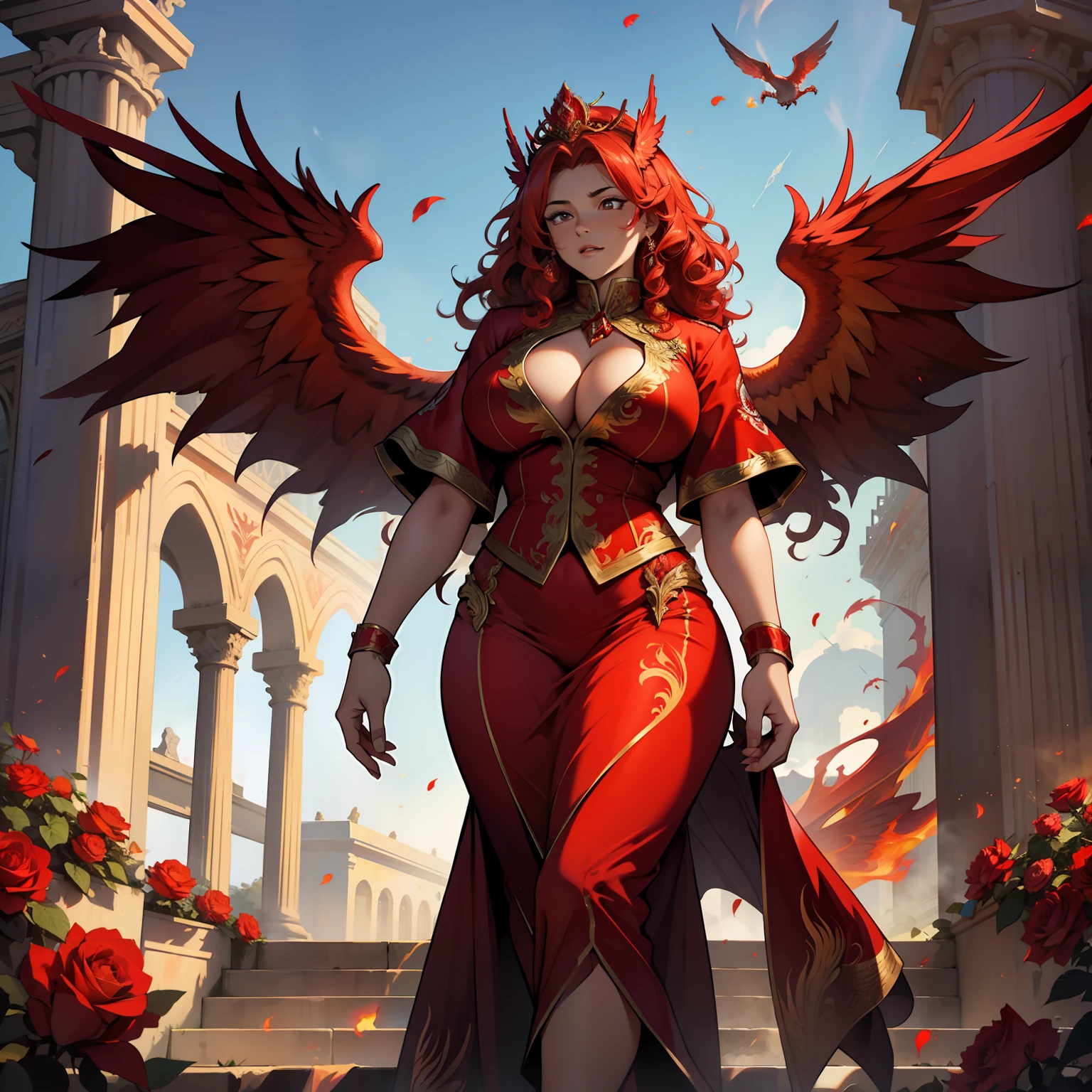 Red Phoenix , beautiful female, chubby, flames on body, huge wings, curly hair, flames, fire, in gardens of roses, supreme royal attire, massive wings, red wings, crown, cleavage chest