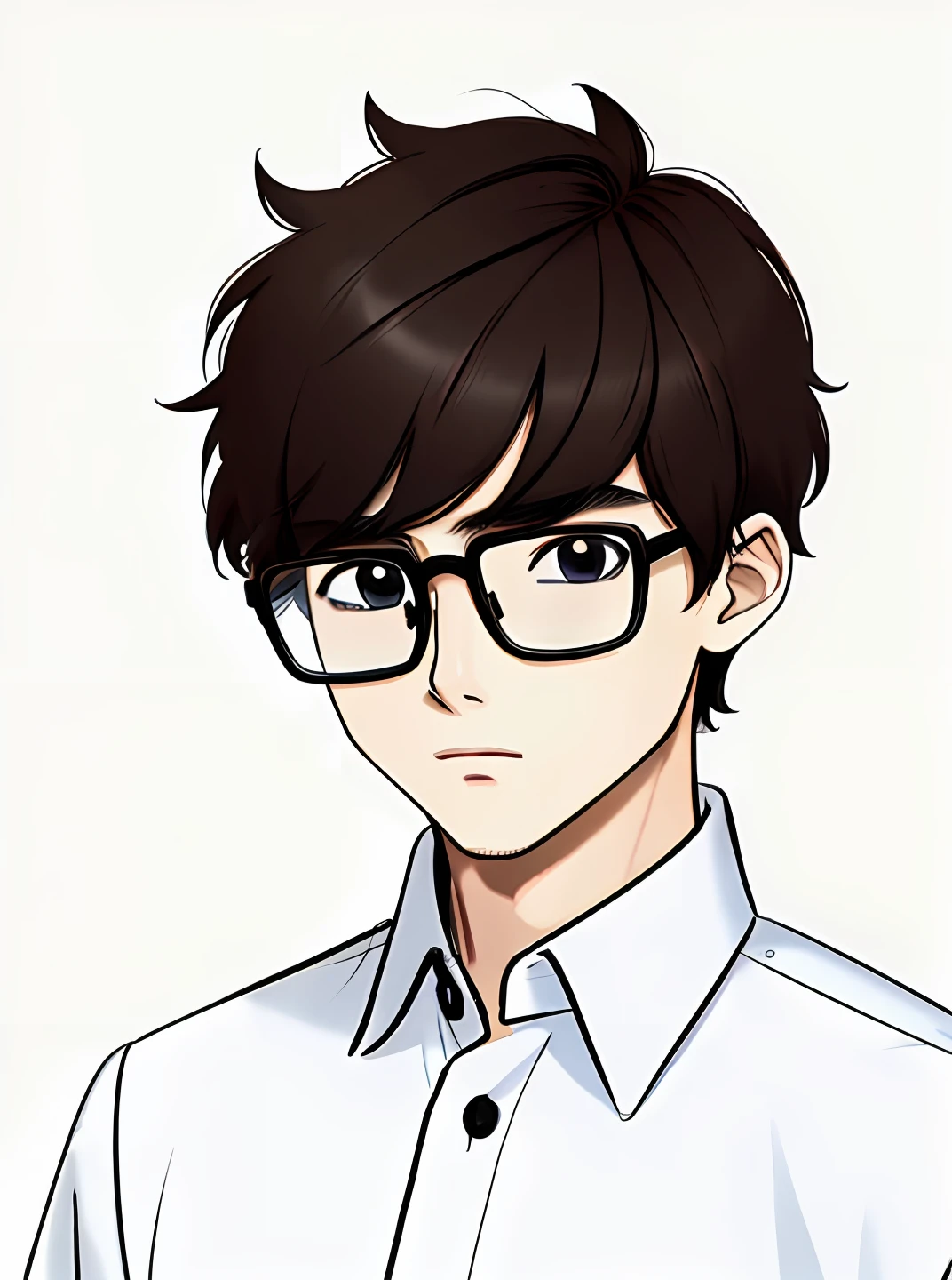 Short hair boy with round glasses cartoon style，whitet-shirt