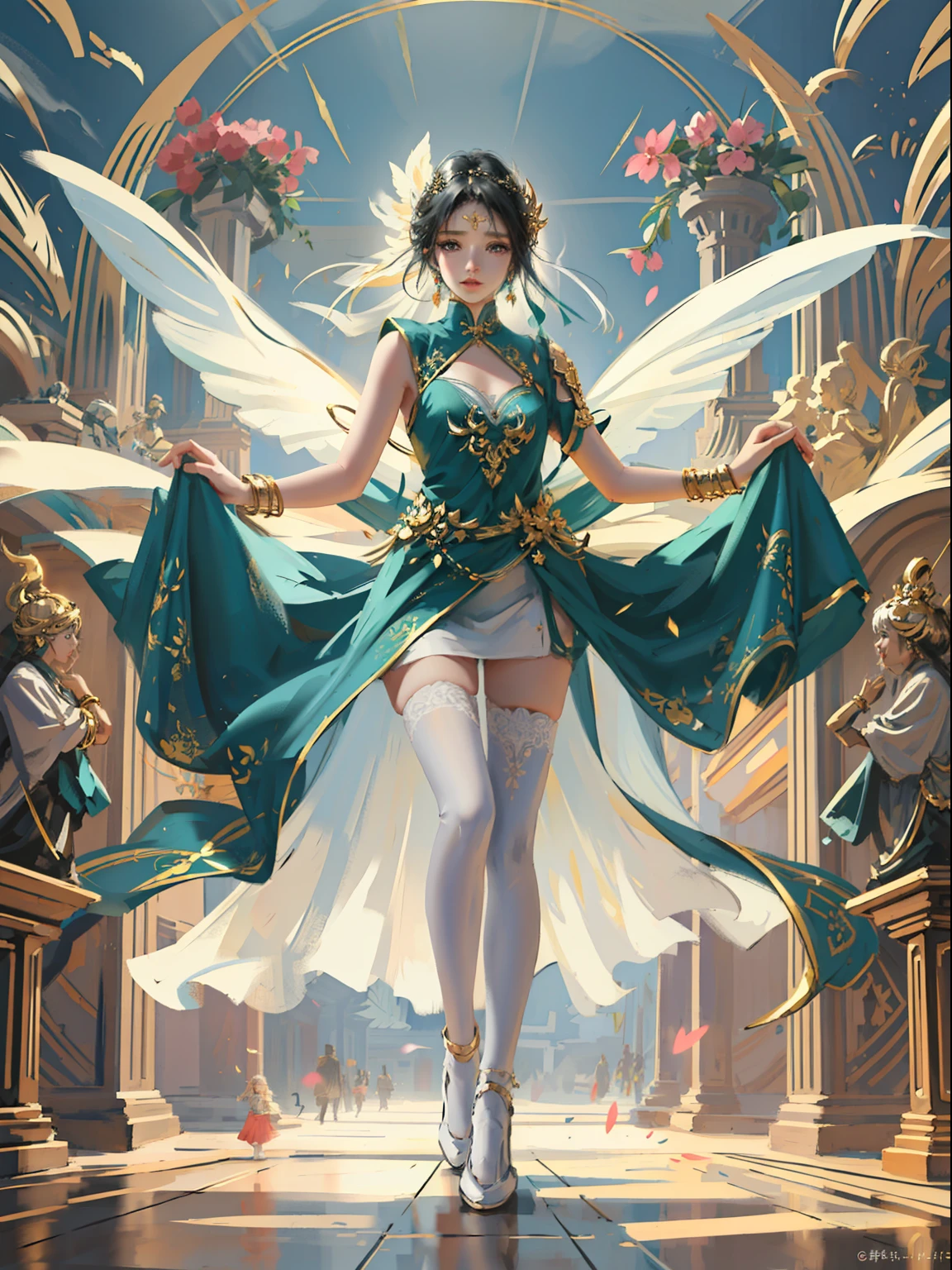 A masterpiece of a thousand hands Kannon,,White tights,Exquisite jewelry,Delicate bracelet,Delicate hair accessories,An expression of desirelessness,The feeling of being high,The aperture is behind it,bodhisattva,Fairy air fluttering,Full body arms behind the back,Holding various magic weapons in his hands,Look up at the perspective,Long legs,bare-legged,Golden bracelet on the ankle,ancient Chinese costume,Gorgeous silk,Flowing tulle,Dazzling background,Golden aperture on the back,The golden wheel of Falun is behind it,best light,Backlit shooting,cinematic filter,had his hands folded,(Statue of Kannon with a thousand hands),hyper HD,8k,White skin of the,Wolp_style,duhuang_style