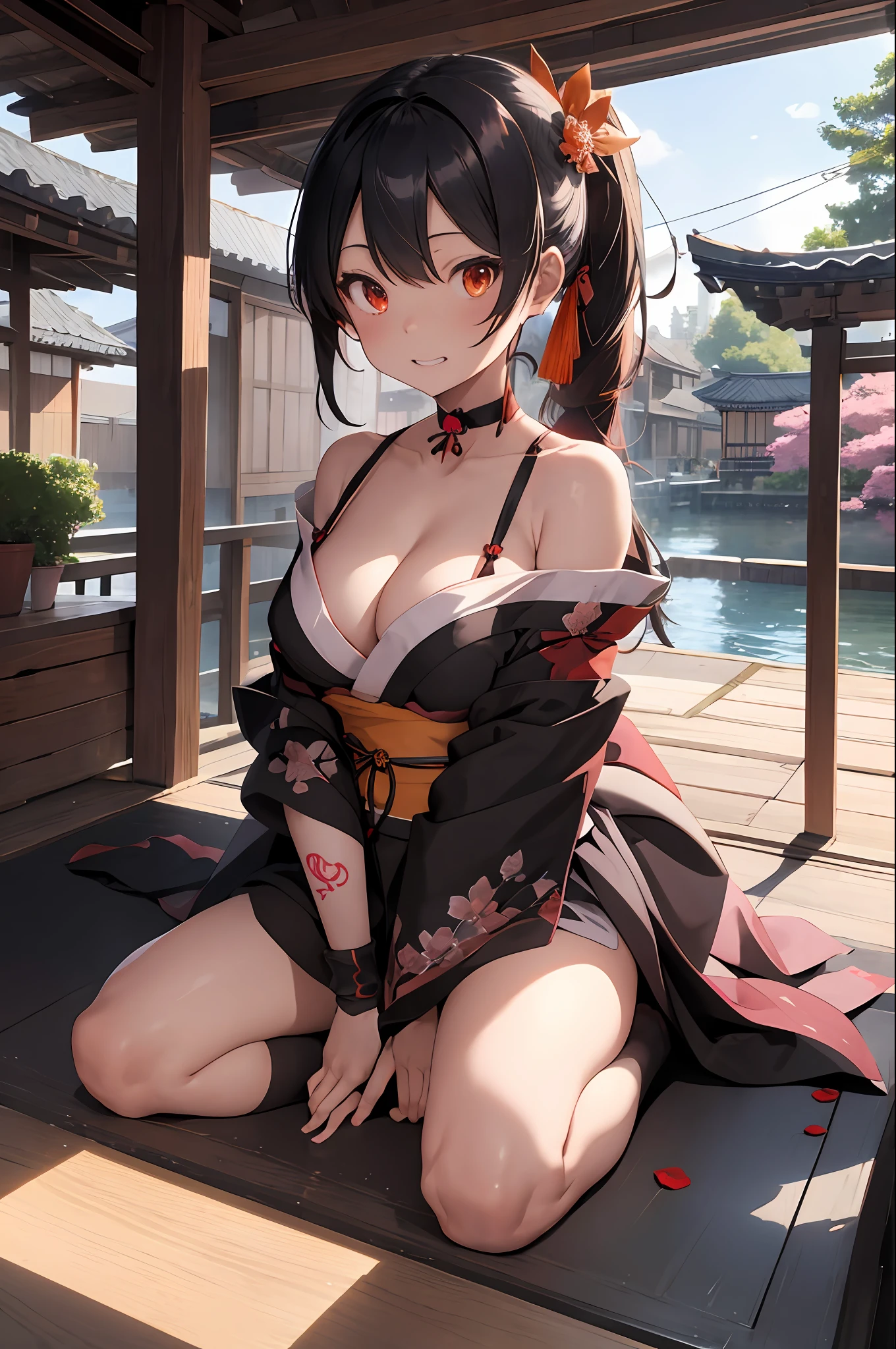 masterpiece、best、Hi-Res、1 female、A pink-haired、long、Asymmetrical hair、Floating hair、blindfolds、High Ponytail、side locks、hair adornments、Fish hair ornament、tassels、Kanzashi、bangss、Orange-eyed、Beginning、ssmile, tusk, Only the upper teeth, a choker, a red choker, Pendant Choker, Butterfly Choker, 鎖骨, The tattoo, Chest Tattoo, Flower tattoo, cleavage of the breast, middlebreasts, thighs thighs thighs thighs, bandaged, Bandaged Legs, sarashi, Budget Sarashi, Breast sarashi, Black sash、 Hadanugi Dosa 、 Broomstick 、 Komono 、 Kimono 、 Drawstring 、 Obi 、 Obiage 、 Obi tightening 、 Orange kimono 、 Drawstring 、 Patterned kimono 、 noose 、 Obi 、 Shimenawa 、 Short kimono 、 Piece bare shoulders 、 phantom(Genshin) 、 East Asian Architecture 、cherry trees, full body Esbian, crouching down, sparkler fireworks, natta, sparklers, sparklers, cross one's legs, an legs, single glove, Single fingerless gloves, wristbands, Black socks,