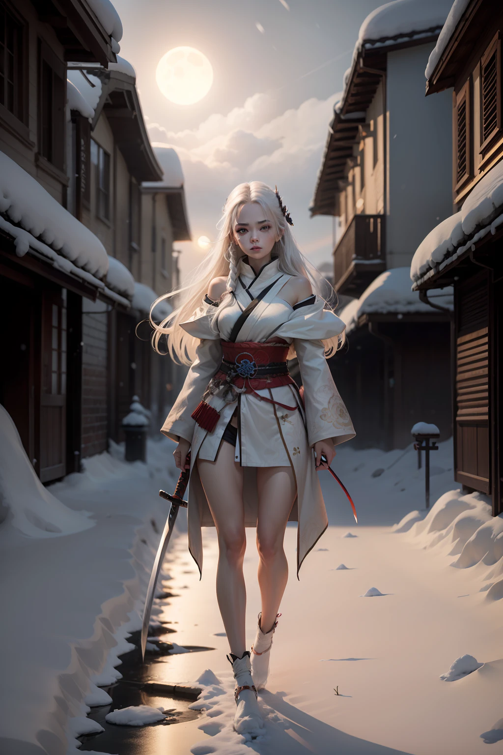 white hair, battle worn, shining blue eyes, samurai, pretty girl, delicate face, beautiful girl, slender body, hot girl, holding katana with both hands, full body white samurai uniform, under the moonlight, snow, pale skin, long hair, floating hair, smile, soft face, kind eyes, dilated pupils, eyebrows behind hair, ringed eyes, holding breath, soft smile, face paint, scars on face, Surrealism, ray tracing, reflection light, motion lines, blurry foreground, night time, perspective, panorama, Canon, Fujifilm, 8k, super detail, best quality, UHD