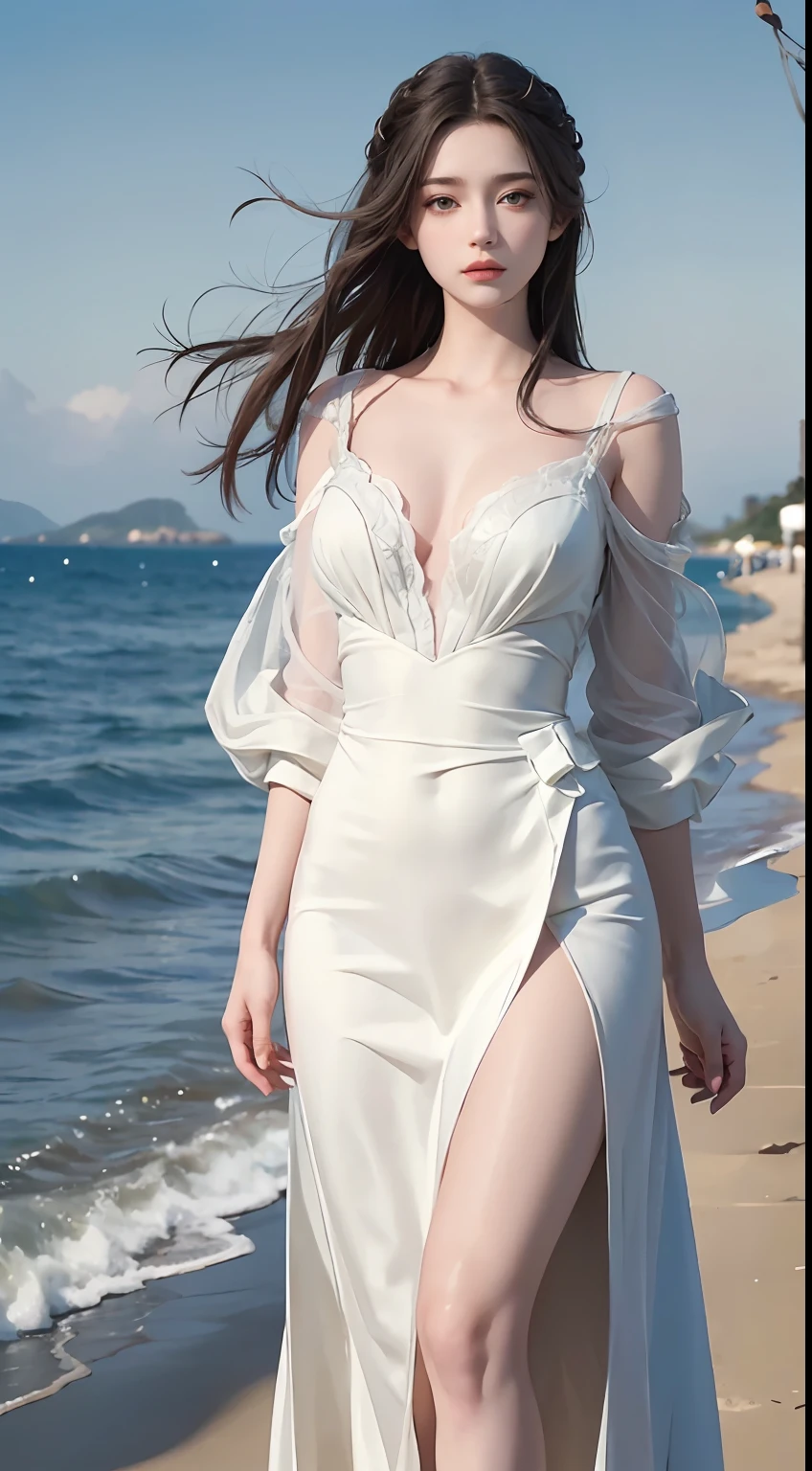 (1girl:1.3), Full Body, Solo, __Body Parts__ Realistic Skin, Pale Skin, Big, Official Art, Unified 8K Wallpaper, Ultra Detailed, Beautiful and Aesthetic, Beautiful, Masterpiece, Best Quality, On a Fantastic Seaside, Fantastic Atmosphere, Calm Color Palette, Peaceful Mood, Soft Shadows, Student Uniform, Glamour, Big, Perfect, Perfect, Perfect Face, Perfect Body, Night, Sexy Body