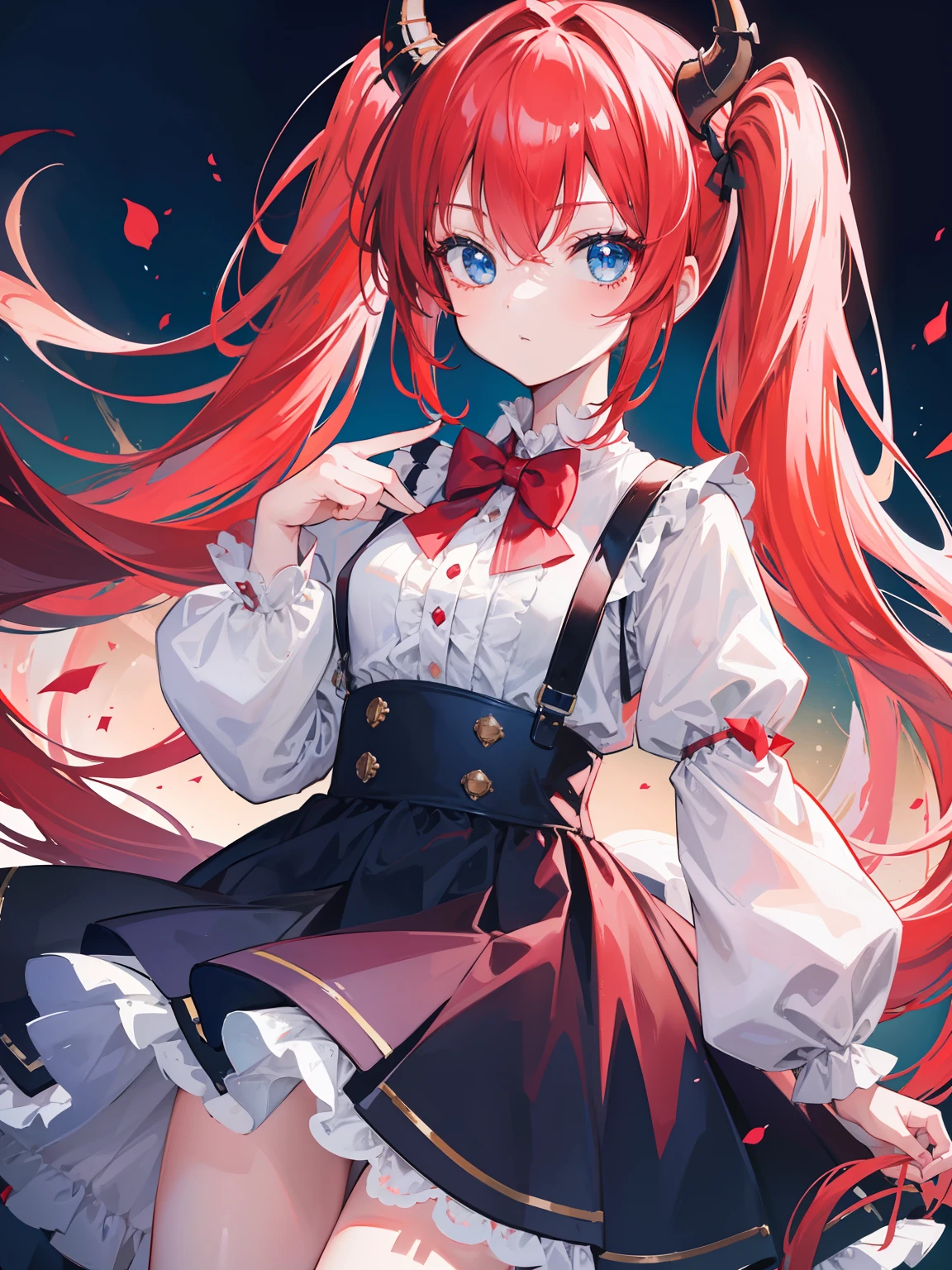 {{best quality}}, {{masterpiece}}, {{ultra-detailed}}, {illustration}, {detailed light}, red hair,blue eyes,twintails,ta,Suspenders skirt,Fantastic,lolio,Dragon horns,little gir