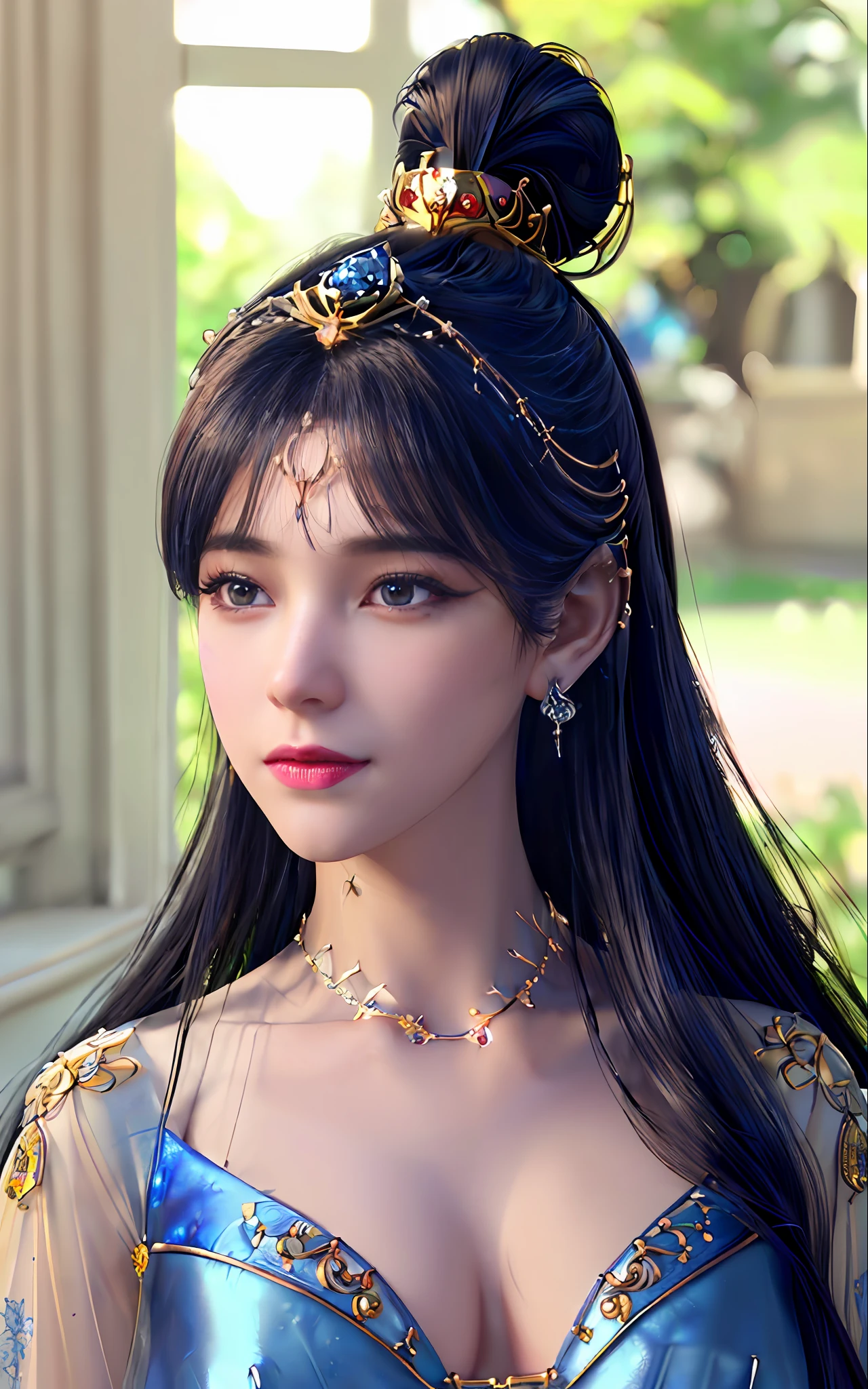 ((realisticity: 1.2)), ((best resolution: 8K UHD)), best quality,masterpiece,highres,cg,
((1 super detailed and super realistic girl)), ((very beautiful queen dazzling, super realistic, and super detailed)),((white skin, beautiful, smooth, youthful, super realistic and super detailed
)), long hair, ((super realistic and super detailed dress)), solo, ((super realistic, super beautiful, gorgeous and super detailed jewelry)), ((super beautiful, super realistic and super detailed dark blue and golden yellow dress)),
((super beautiful, super realistic, super detailed diamond filled earrings)),
  ((super beautiful, super realistic and super detailed diamond filled hair ornament)), ((super beautiful upper body, super beautiful, super realistic and super detailed)), ((big breasts: 2.5)), 
((super grand, super realistic and super detailed royal palace backgroun))
((super beautiful, super beautiful, super realistic and super detailed hair bun)), ((super beautiful, super realistic and super detailed blue hair)),
candid, Photograph, high resolution, 8k,Bokeh,