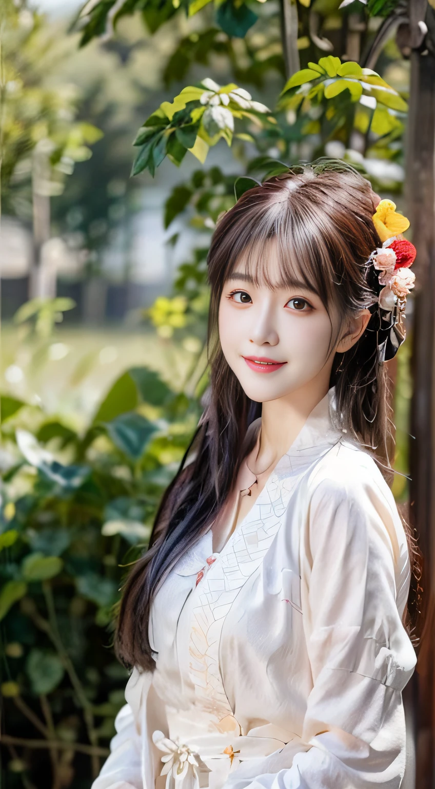 Beautiful woman holding corn in hand，wheat，Tomates， cabellos largos dorados，Surrounded by fruits and vegetables， Top detail CG quality 4K wallpaper， grand master， tmasterpiece， sportrait， middle， Watch the footage， beautiful Chinese and Korean mixed blood idols， （（Ultra-fine face，A detailed description of the facial features））， Lip biting makeup， Sweet smiling， Perfect facial features， Model figure， Good complexion， the trees， tree branch，