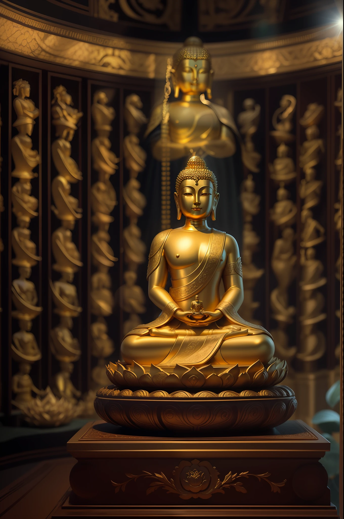 The golden Buddha statue sits on a lotus throne, There is a shining light overhead, Surrealism, chiaroscuro, cinematic lighting, vignetting, Fujicolor, f/2.8, Hasselblad, UHD, masterpiece, ccurate, anatomically correct, super detail, high quality, award winning, best quality, 8k