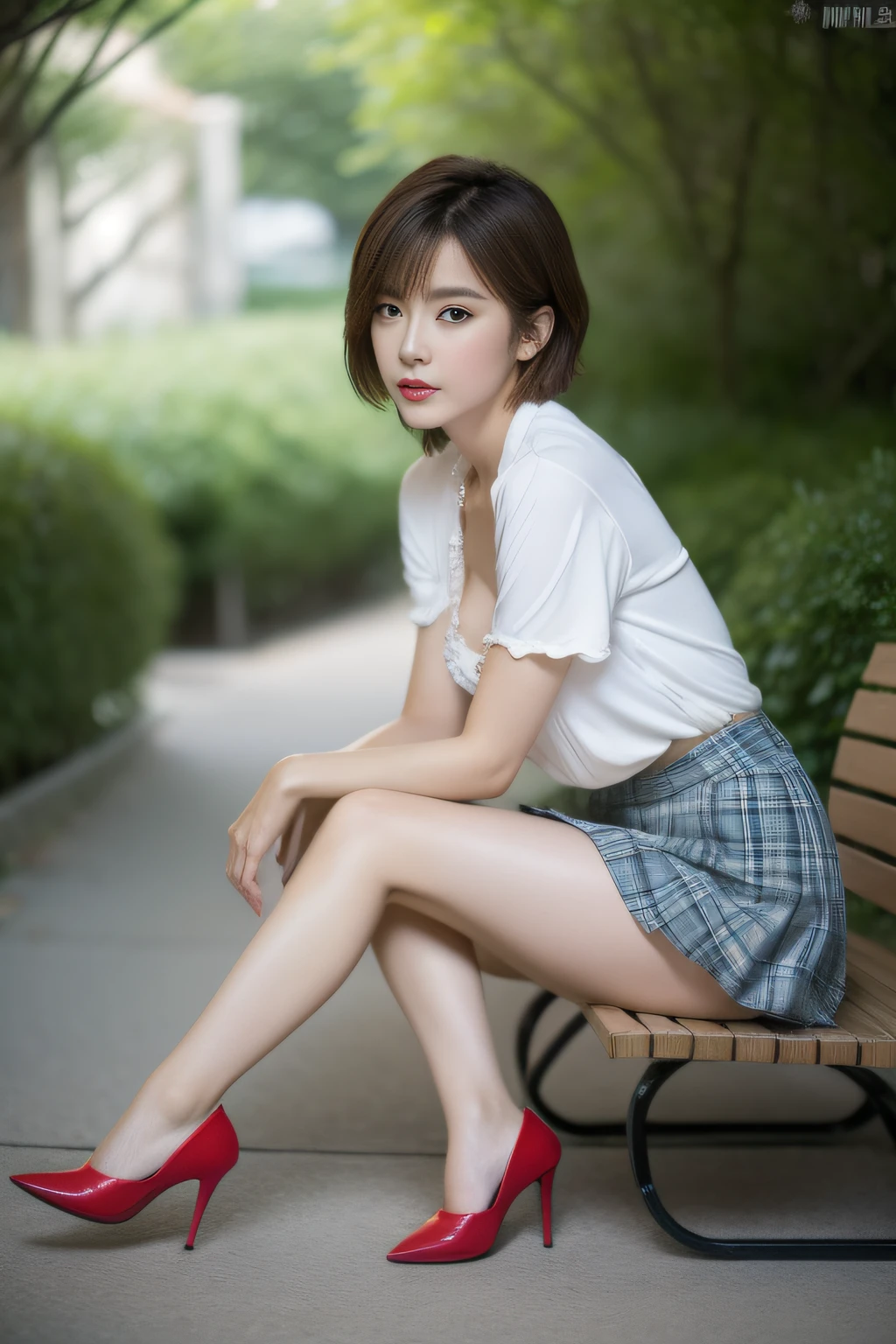 NSFW, 8K Raw photograph, best qualtiy, tmasterpiece, 超高分辨率, filmgrain, cinematic ligh, 1girll,High_Heels, full_Body, looking at viewert, Natural skin texture, Realistic Eyes and Face Details, full pouty lips, lipsticks, (putting makeup on), Red eyeshadow, Short fluffy hair, messy hair, ssmile, Keep one's mouth shut, beautifullegs, Tall women, being thin, Slim_Legs, 独奏, gigantic cleavage breasts,, Pose with your hips facing you, Superskirt, hindquarters, The shirt, Beautiful natural location, Location of flowers around, (detailedbackground), Plaid skirts, white shirt, gigantic cleavage breasts,, Show a little through the shirt, Loafer shoes, vague background, bblurry, halter, tartan, short- sleeved, JK ribbon around the neck, JK ribbon, brown hair, bangle, Eau, By bangs, 校服, jewely, parted lip, cparted lips, From the side Side, pleatedskirt, depth of fields