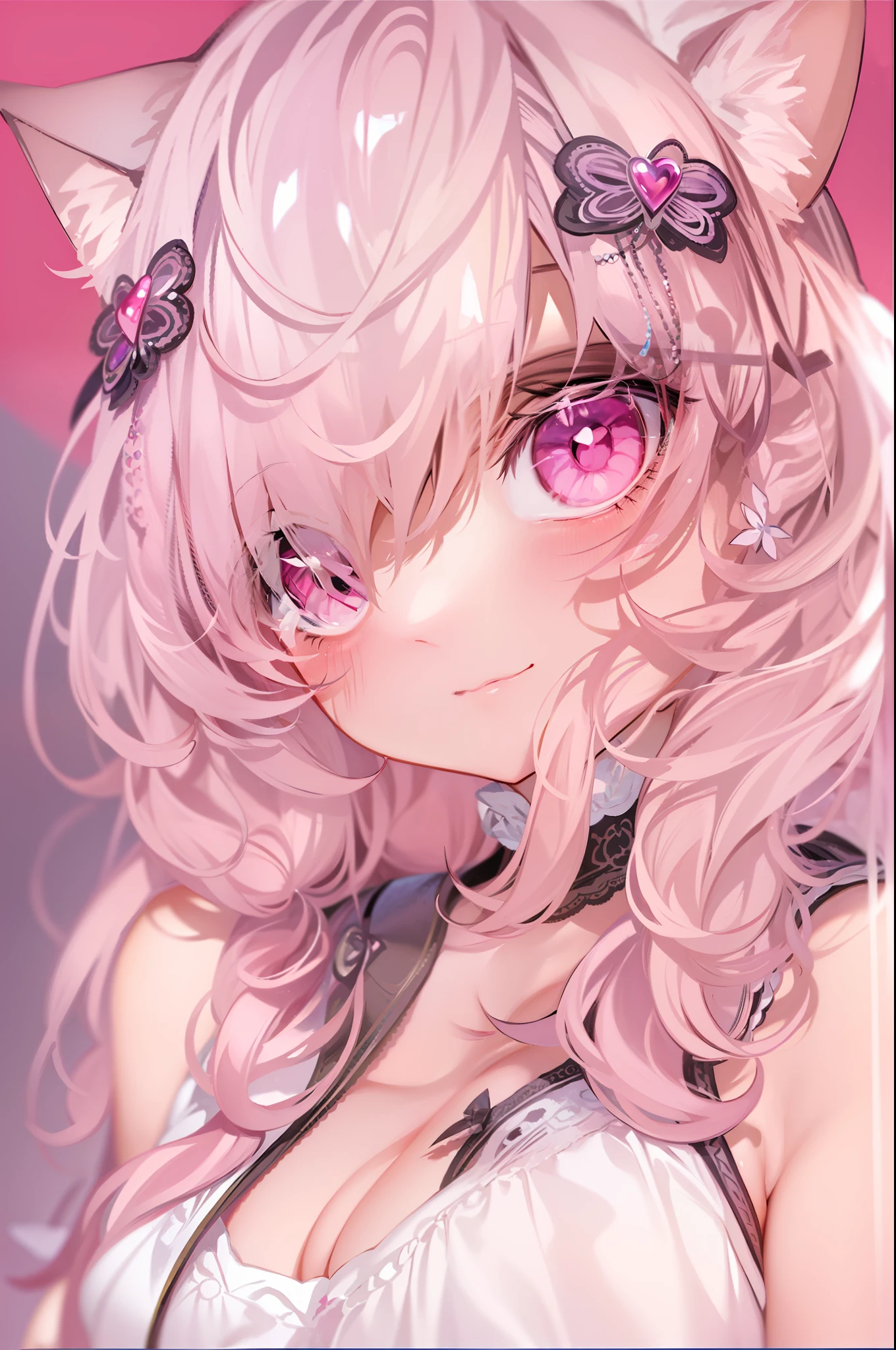 Masterpiece, Best quality, Ultra-detailed, illustration,(1girll),Beautiful detailed eyes, Close up, (breasts focus), Pink hair, Shy, Cat ears