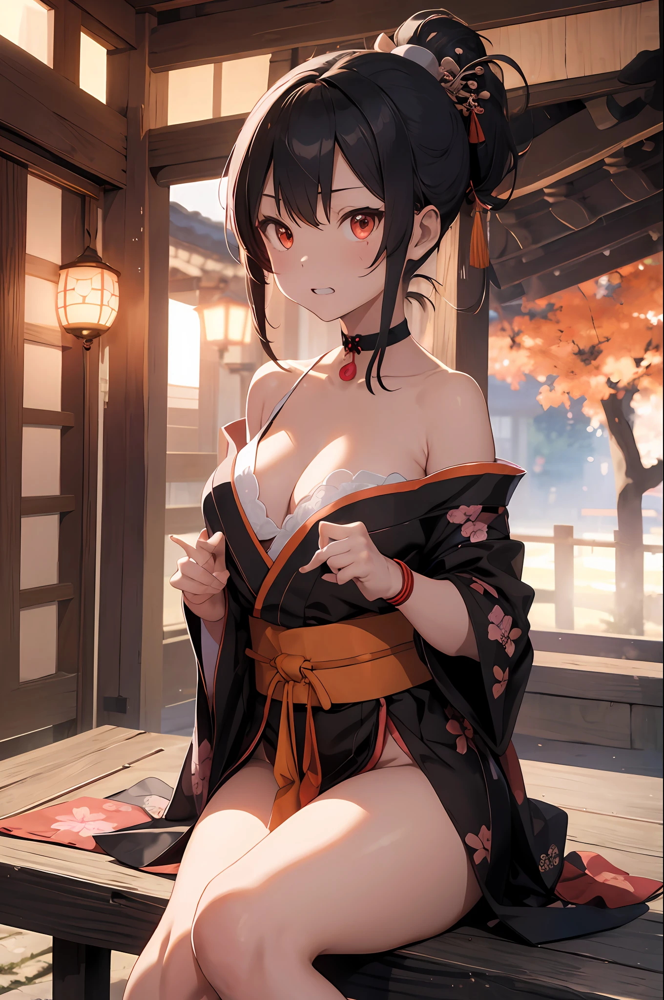 ​masterpiece、best、Hi-Res、1 female、A pink-haired、long、Asymmetrical hair、Floating hair、blindfolds、High Ponytail、side locks、hair adornments、Fish hair ornament、tassels、Kanzashi、bangss、Orange-eyed、Beginning、ssmile, tusk, Only the upper teeth, a choker, a red choker, Pendant Choker, Butterfly Choker, 鎖骨, The tattoo, Chest Tattoo, Flower tattoo, cleavage of the breast, middlebreasts, thighs thighs thighs thighs, bandaged, Bandaged Legs, sarashi, Budget Sarashi, Breast sarashi, Black sash、 Hadanugi Dosa 、 Broomstick 、 Komono 、 Kimono 、 Drawstring 、 Obi 、 Obiage 、 Obi tightening 、 Orange kimono 、 Drawstring 、 Patterned kimono 、 noose 、 Obi 、 Shimenawa 、 Short kimono 、 Piece bare shoulders 、 phantom（Genshin） 、 East Asian Architecture 、cherry trees, full body Esbian, crouching down, sparkler fireworks, natta, sparklers, sparklers, cross one's legs, an legs, single glove, Single fingerless gloves, wristbands, Black socks,
