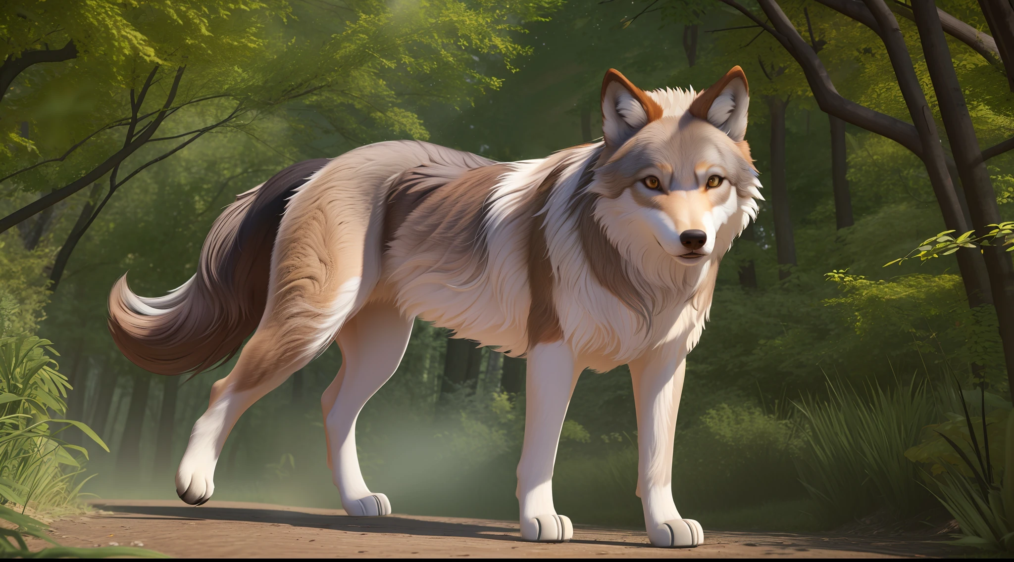 best qualtiy， tmasterpiece， A high resolution，full bodyesbian，A coffee-colored wolf，Run in the forest，（highdetailskin：1.2），hyper HD，digital SLR camera，high high quality，A high resolution，4K，8K