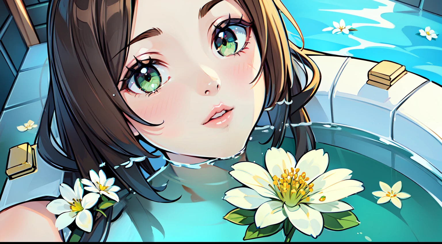 (masterpiece), best quality, beautiful detailed hair detailed face, ultra high res, sharp focus, ((1 woman, solo)), perfect feminine face, very stunning woman, upper body, medium long shot, MLS, (dressless:1.3), ((look at the viewer)), (in the bathtub:1.2), flowers floating on water, chesnut brown hair, wet long hair, ((green eyes))