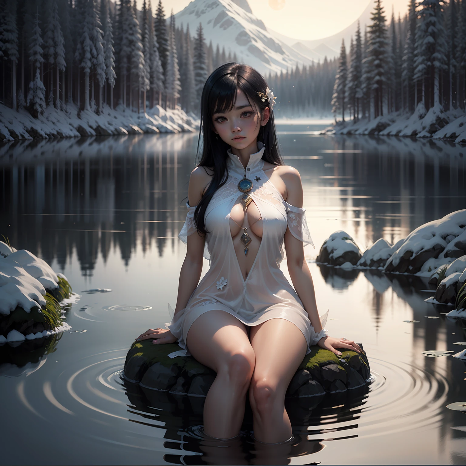 black hair, beautiful girl, slender girl, sitting next to a circular lake, moon reflecting on the lake, night time, lake middle of the forest, isolated, Surrealism, panorama, ray tracing, bloom, reflection light, god rays, depth of field, wide shot, 8k, super detail, award winning, HD, fantasy purple lighting, side view, side camera, looking at camera