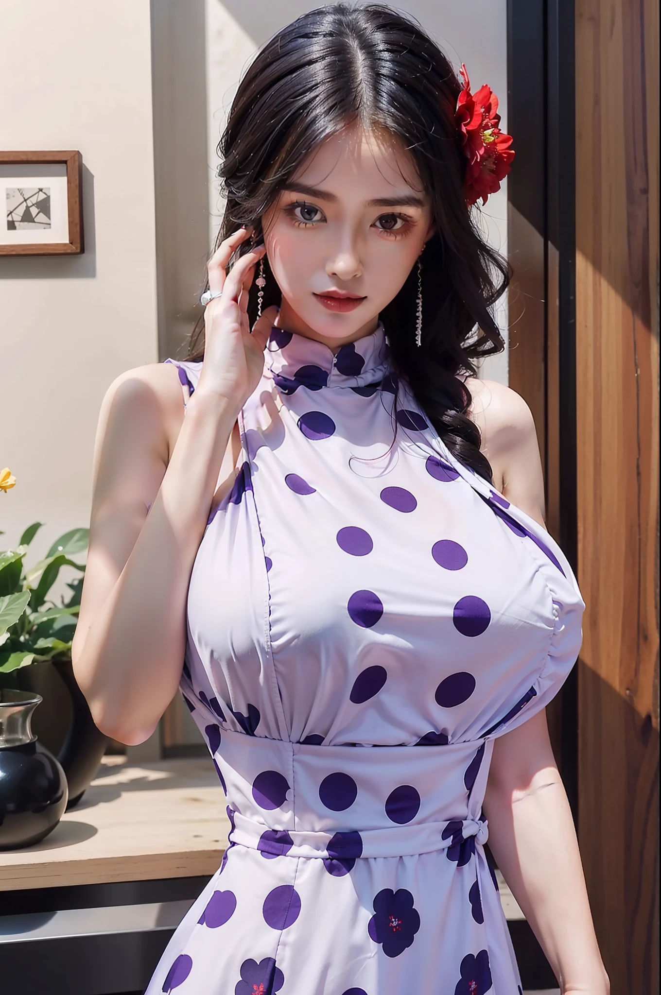 purple polkadot long dress,black long hair,big breast,blue earring,red flower in head