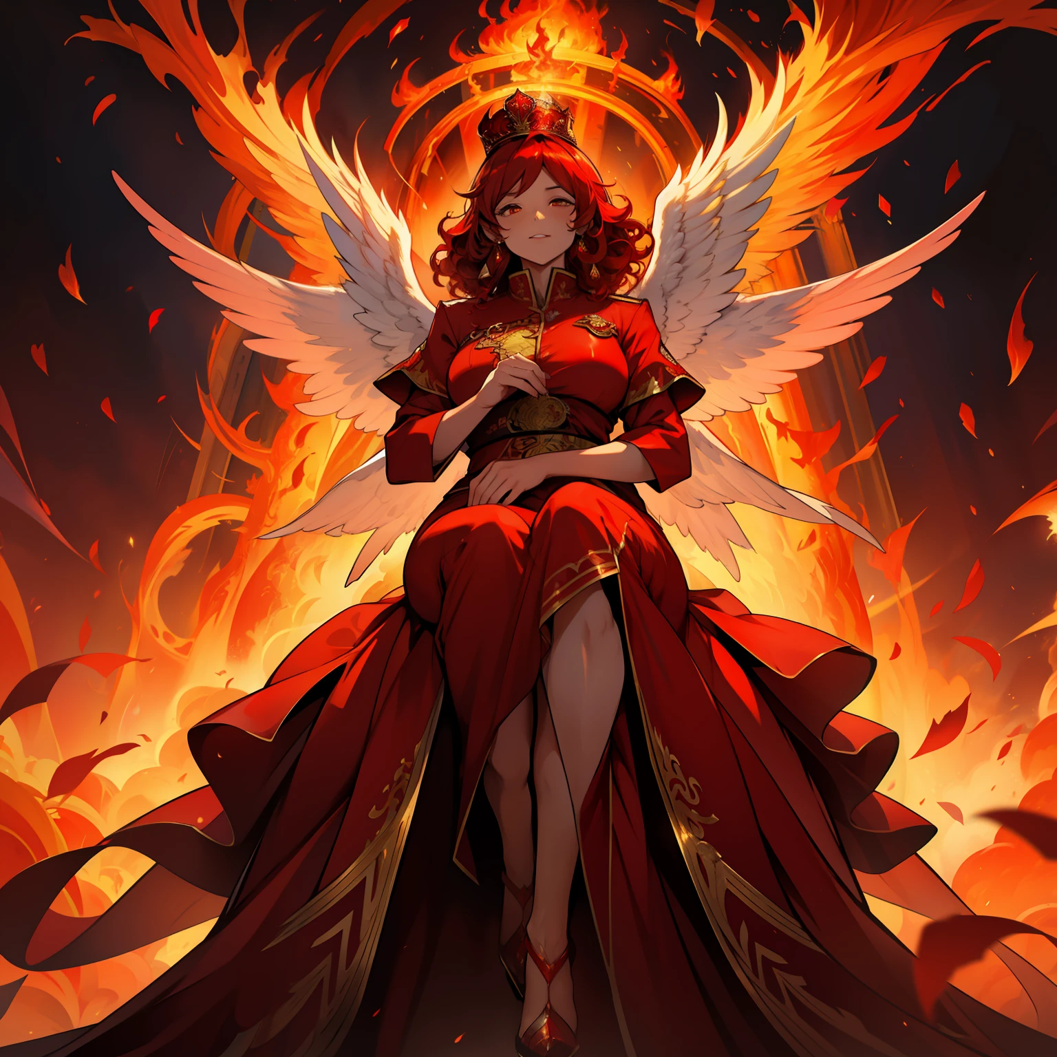 Red Phoenix , beautiful female, chubby, flames on body, huge wings, curly hair, flames, fire, in gardens of roses, supreme royal attire, massive wings, red wings, crown