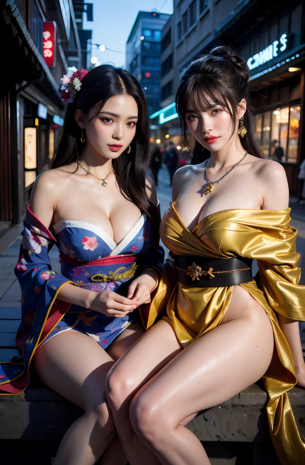 shukezouma, rendering by octane, hdr, (ultra - detailed:1.15), (Soft light, Sharp:1.2), (((((Two girls,duo))))),Beautiful girls,(City lights:1.9),in summer,Onsen,(Nature:1.9),Black hair,Very long hair,grin,Sexy,unaligned breasts, Dynamic Angle,Dynamic pose,Outdoors,Chinese style architecture,High color saturation,Color saturation,(jewelry:1.4),putting on jewelry, Ray tracing,Cinematic lighting,(RAW photo:1.2), (Photorealistic:1.4), absurderes,hyper detail eyes, mature, Onsen,Night,Painting drops, paint teardrops, woman made up from paint, entirely paint, splat, Splash, Long colored hair, Kimono made of paint, Ultra-fine texture kimono, Paint kimono, paint bulb, Exposed cleavage, paint drops, Exposed shoulders, Tears,shoulders are visible, Thighs exposed, seminude, focus onface, Beautiful face, eye shadows, Dark circle contour, russian face, Russian girl, mascara, Beautiful, 18yr old