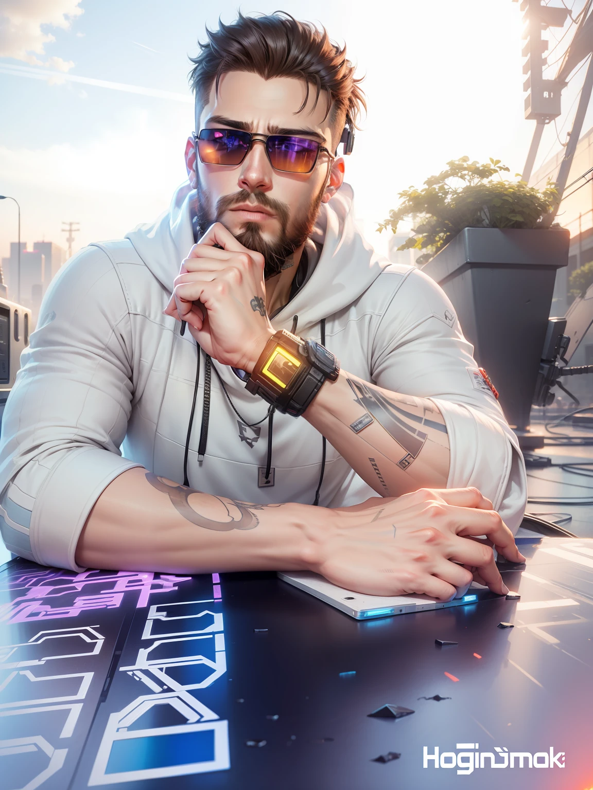cyberpunk boy,handsome,realistic face,sunset,sunglass,beard,Hoodi