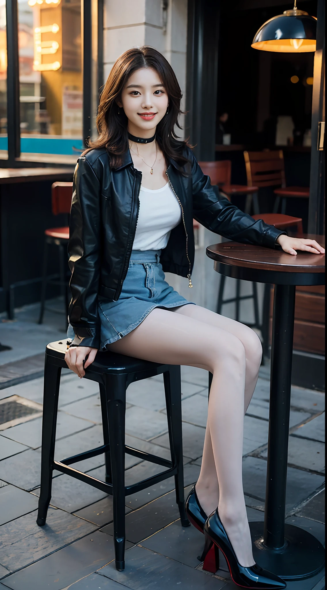 delicated,tmasterpiece,beautifuldetails,Extremely colorful,Exquisite details,Delicate lips,The details are complex,Large breasts,1人の女性,(A beautiful 20 year old cute Korean woman:1.1),(Kpop idol,Korean mixed-race),(50mm Sigma f /1.4 ZEISS lens, F1.4, 1/800s, ISO 100, photography of:1.1), (brunette color hair:1.2), (Photorealistic:1.4), (spy:1.2), (Open jacket,shirt, Skirt,tiese,black pantyhoses,christian louboutin\(brand\),:1.3),耳Nipple Ring,choker necklace,armlets,(pub,Bar:1.2),(beautifullegs,High girl,Skinny,Slim_Legs,upper legs_the gap,model:1.2),Lens flare,seen from the front,(Happy smile:1.1),dynamicposes,(putting makeup on:1.2),Leaning on the bar stool,