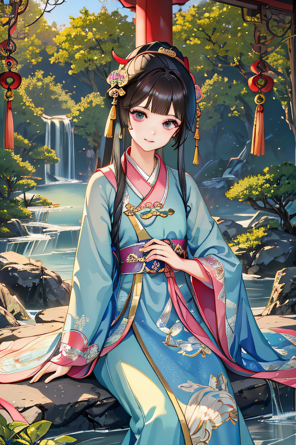 Masterpiece, Professional lighting, photon maping, Radio City, Physically-based rendering,1girll, full bodyesbian,absurderes, A high resolution, Suzhou Garden,Beautiful detailed garden, ssmile ,(Hanfu, Style of the Tang Dynasty),Black eyes,