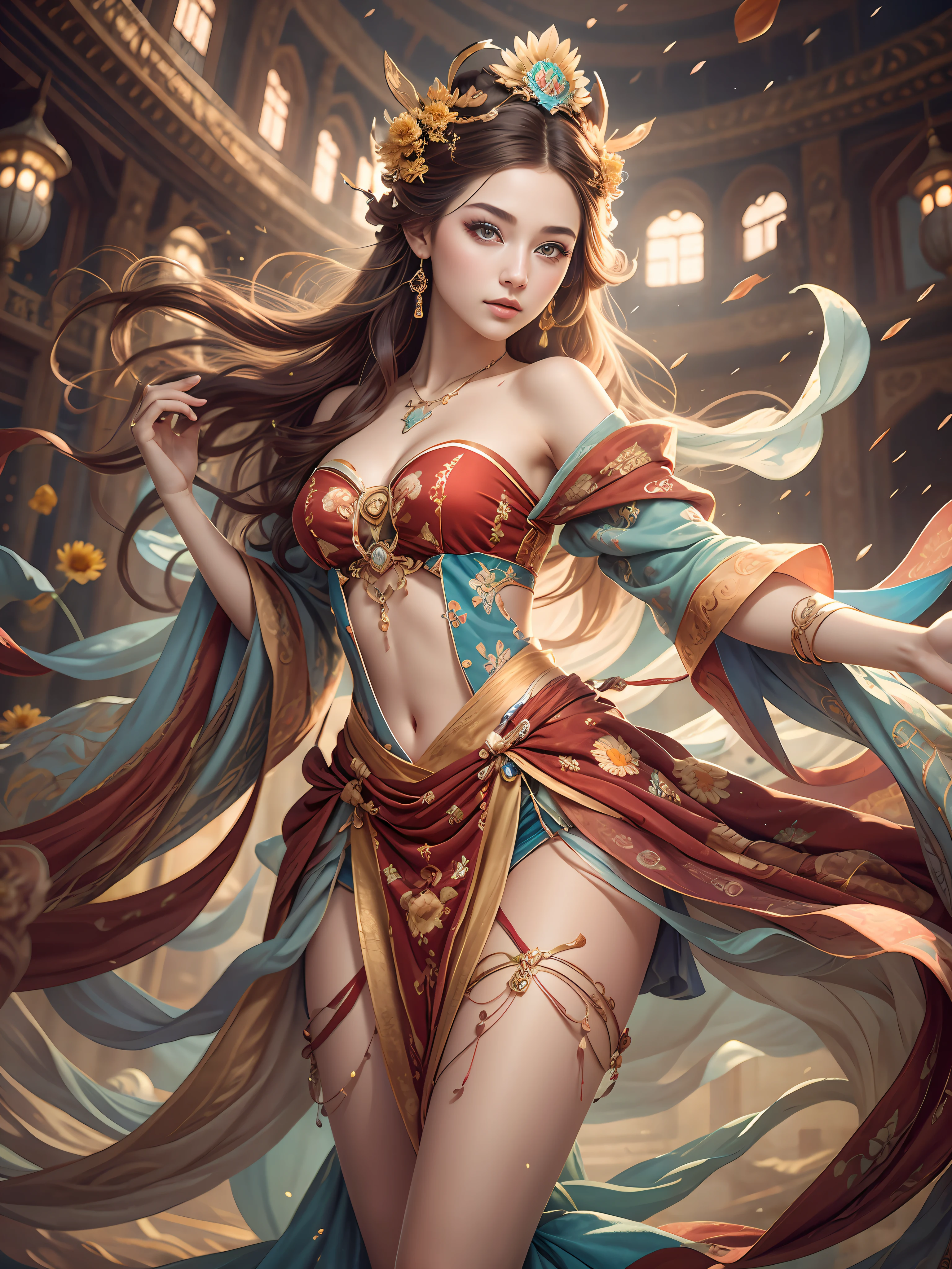 Bestquality,a masterpiece,Ultra-detailed high resolution,(Vivid:1.4),RAW Photos,,illustartion,1girle,(Solo exhibition:1.2),(Cowboy lens:1.2),(Hair crown:1.2),Traditional costumes of Dunhuang, China,strapless,(Red eyeliner:1.2),(Black eyes:1.4),earings,Dynamic angle,opera house,messy_long_hair,ink,Cinematic Light,lens_flare,velvet,chrysanthemum,tassels,Ribbon,Colorful embroidery,upper half body,facing the lens,Dynamic Pose,Large,Embroidered cloth shoes