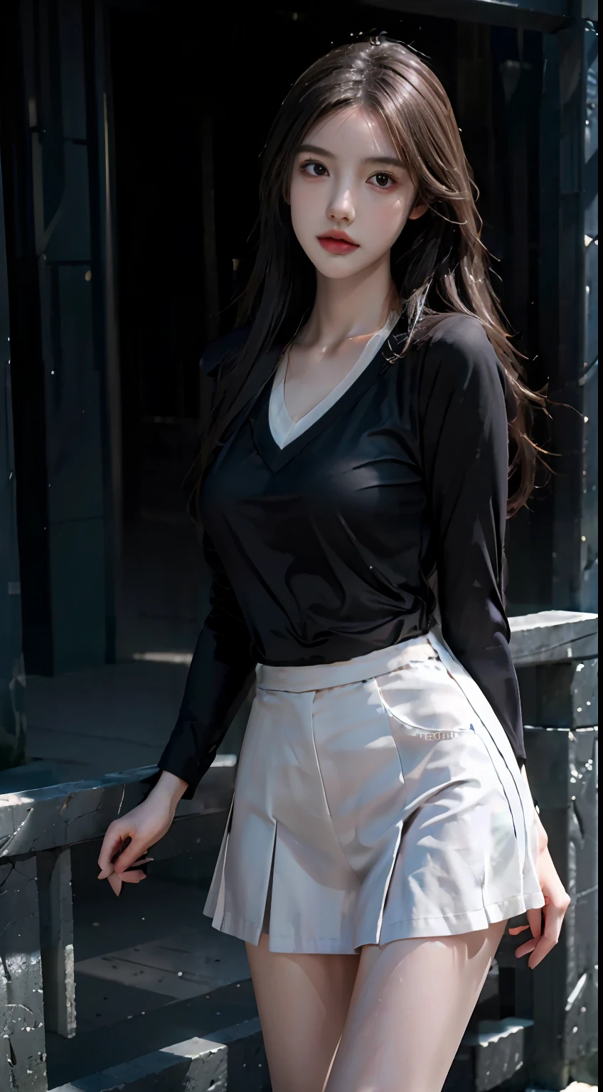 Best quality,masterpiece,ultra high res,(photorealistic:1.4),raw photo,(slender legs)(beautiful hands)(normal body shape),dynamic pose,1girl,solo,school uniform,in the dark,deep shadow,low key,cold light 12000K,