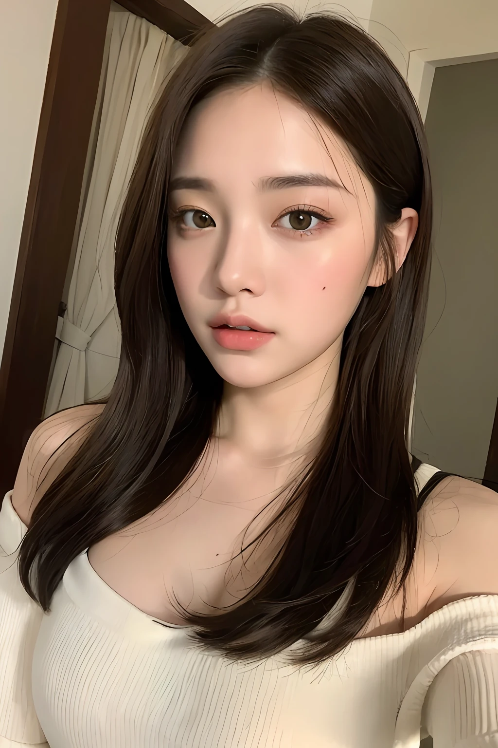 （（nighttime scene，逼真光线，best qualtiy，8K，tmasterpiece：1.3）），1girll，Beautiful woman with plump body：1.4，（brown  hair，mediuml ：1.3），Off-the-shoulder cut top：1.3，sofe，Super detailed face，Detailed eyes，二重まぶた