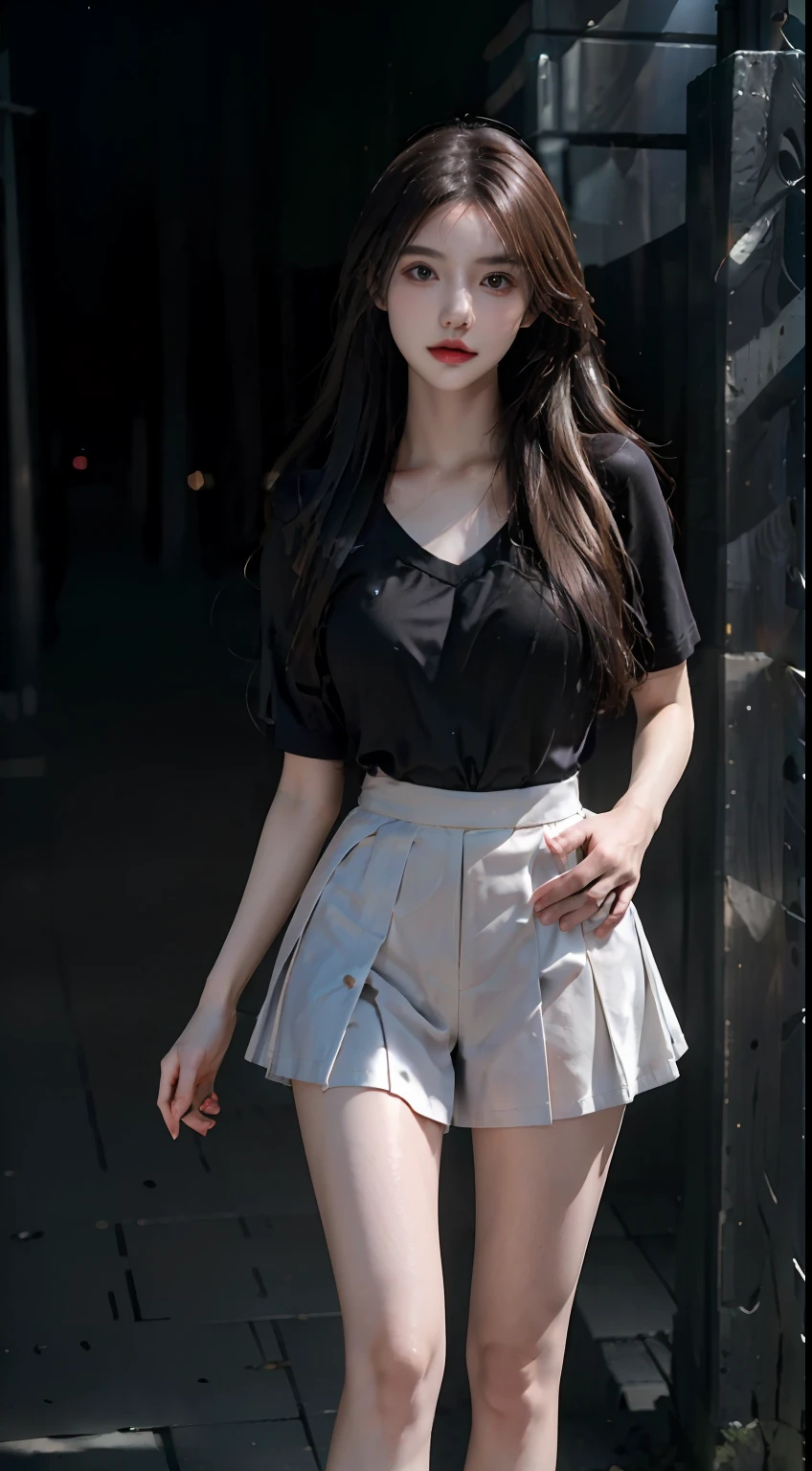 Best quality,masterpiece,ultra high res,(photorealistic:1.4),raw photo,(slender legs)(beautiful hands)(normal body shape),dynamic pose,1girl,solo,school uniform,in the dark,deep shadow,low key,cold light 12000K,
