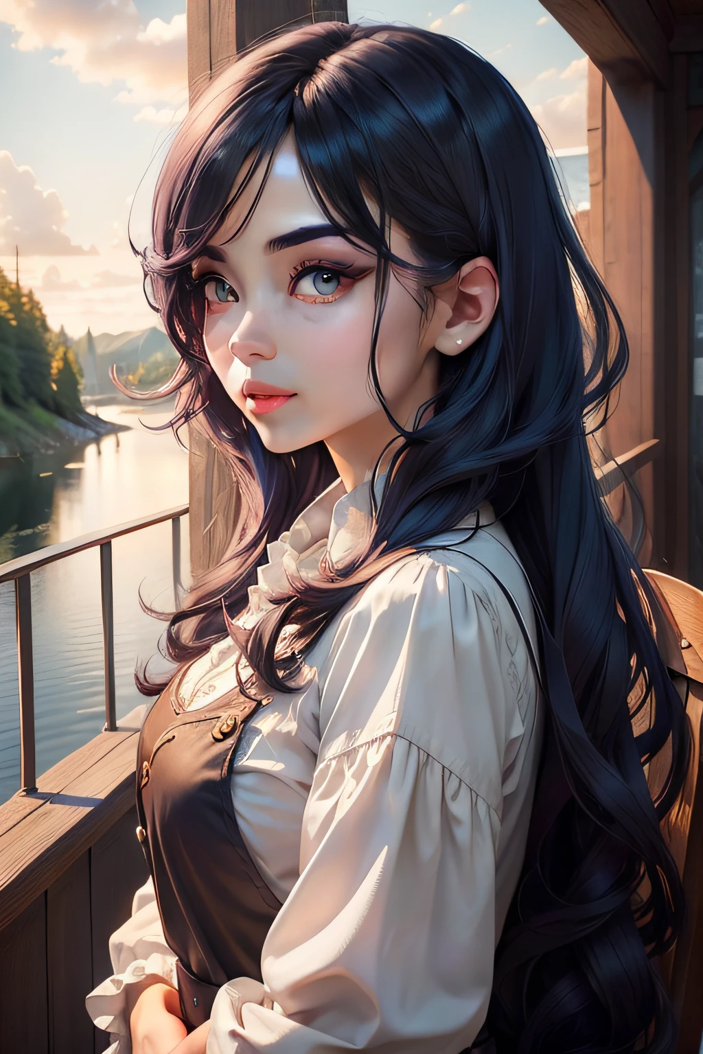 Create a profile picture depicted as a resident of a fantasy world。Your hairstyle is a bob、Hair shines with magical shades。Big eyes and long lashes、Gives an attractive impression。In the background there is a fantastic view shining in the sky Light gently shining on the face。In photo-like、Please have a nice profile picture where the fantastic atmosphere envelops the whole。