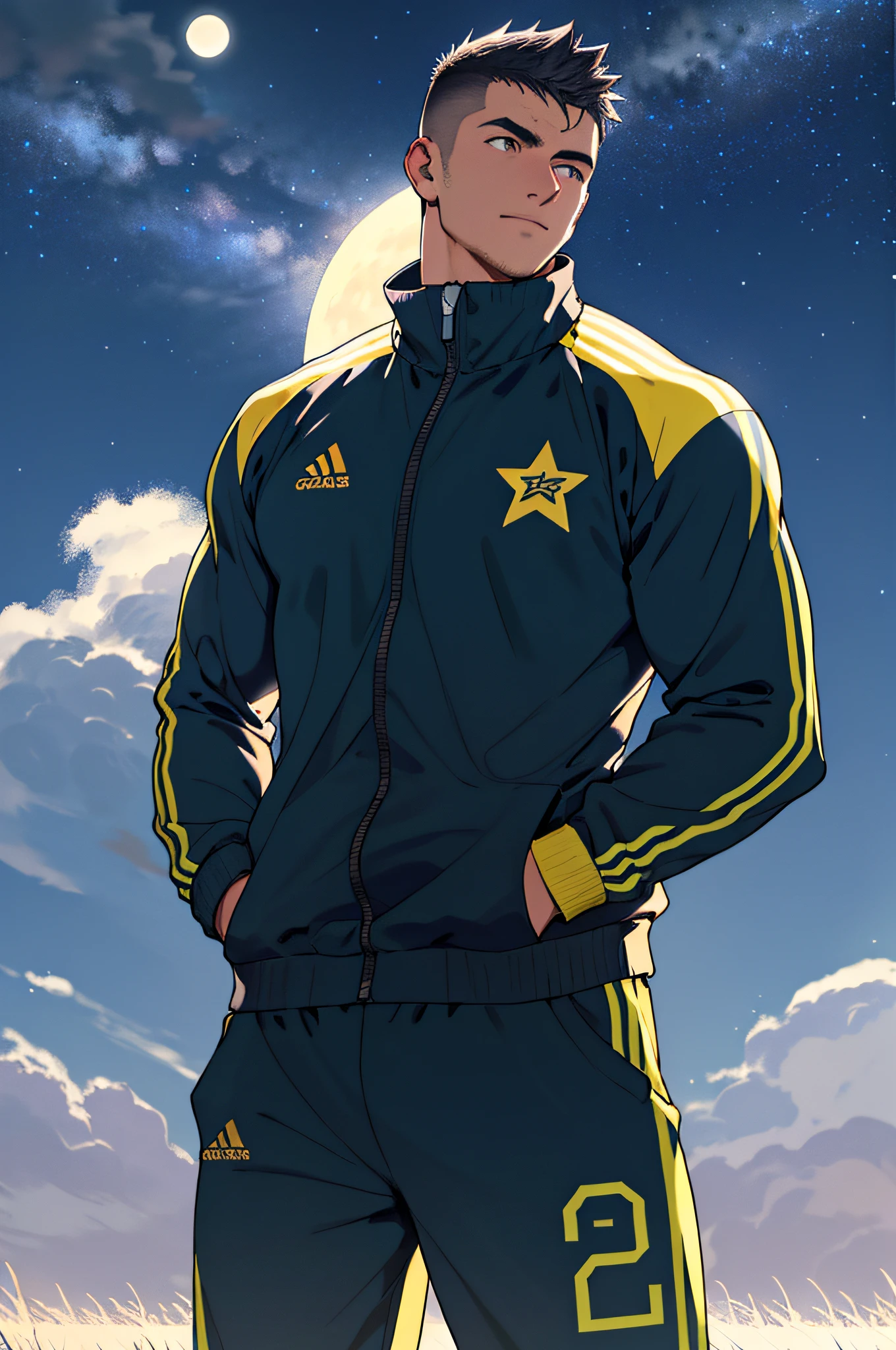 Draw a full-fledged footballer,Standing on the steppe at night,He was wearing a tracksuit,The man looks confident and determined,looking-down,Crew cut,full bodyesbian,Stars dot the sky,shooting from below,Big moon highlights background