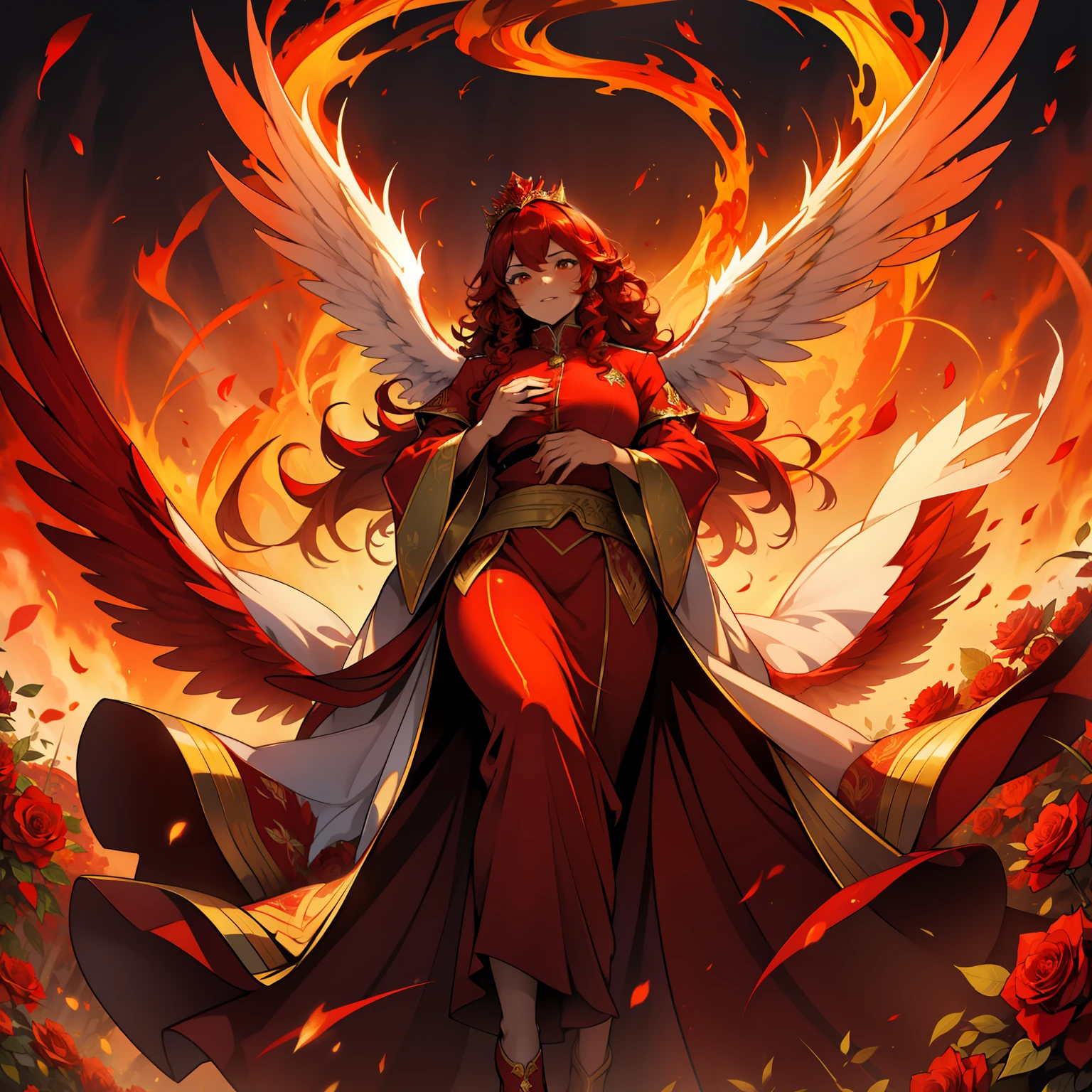 Red Phoenix , beautiful female, chubby, flames on body, huge wings, curly hair, flames, fire, in gardens of roses, supreme royal attire, massive wings, red wings, crown