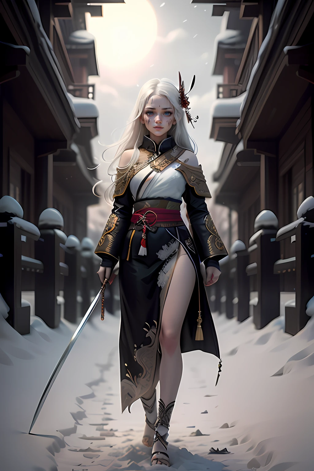 white hair, battle worn, shining blue eyes, samurai, pretty girl, delicate face, beautiful girl, slender body, hot girl, holding katana with both hands, full body white samurai uniform, under the moonlight, snow, pale skin, long hair, floating hair, smile, soft face, kind eyes, dilated pupils, eyebrows behind hair, ringed eyes, holding breath, soft smile, face paint, scars on face, Surrealism, ray tracing, reflection light, motion lines, blurry foreground, night time, perspective, panorama, Canon, Fujifilm, 8k, super detail, best quality, UHD