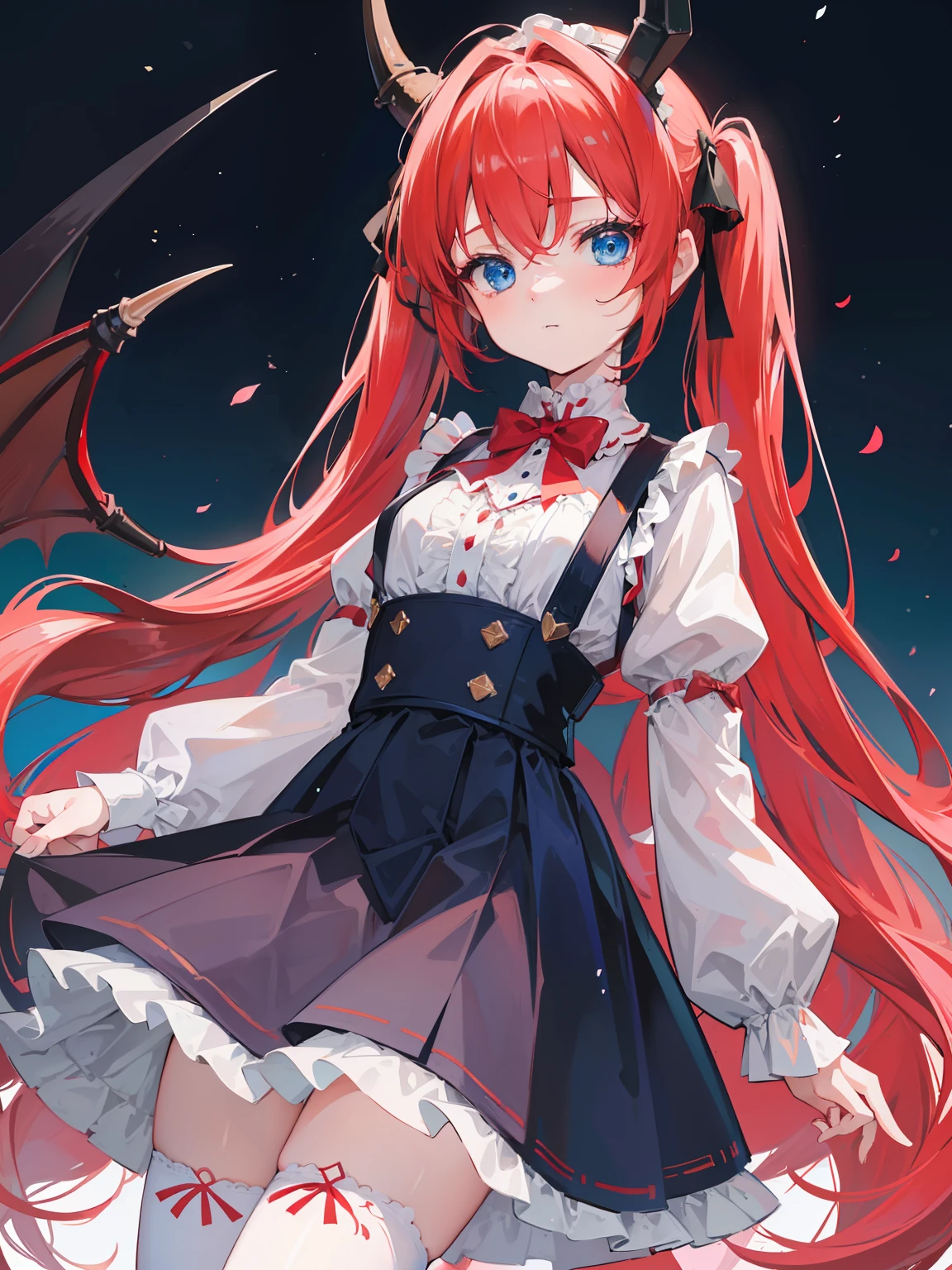 {{best quality}}, {{masterpiece}}, {{ultra-detailed}}, {illustration}, {detailed light}, red hair,blue eyes,twintails,lolita,Suspenders skirt,Fantastic,loli,solo,Dragon horns,little girl,long hair