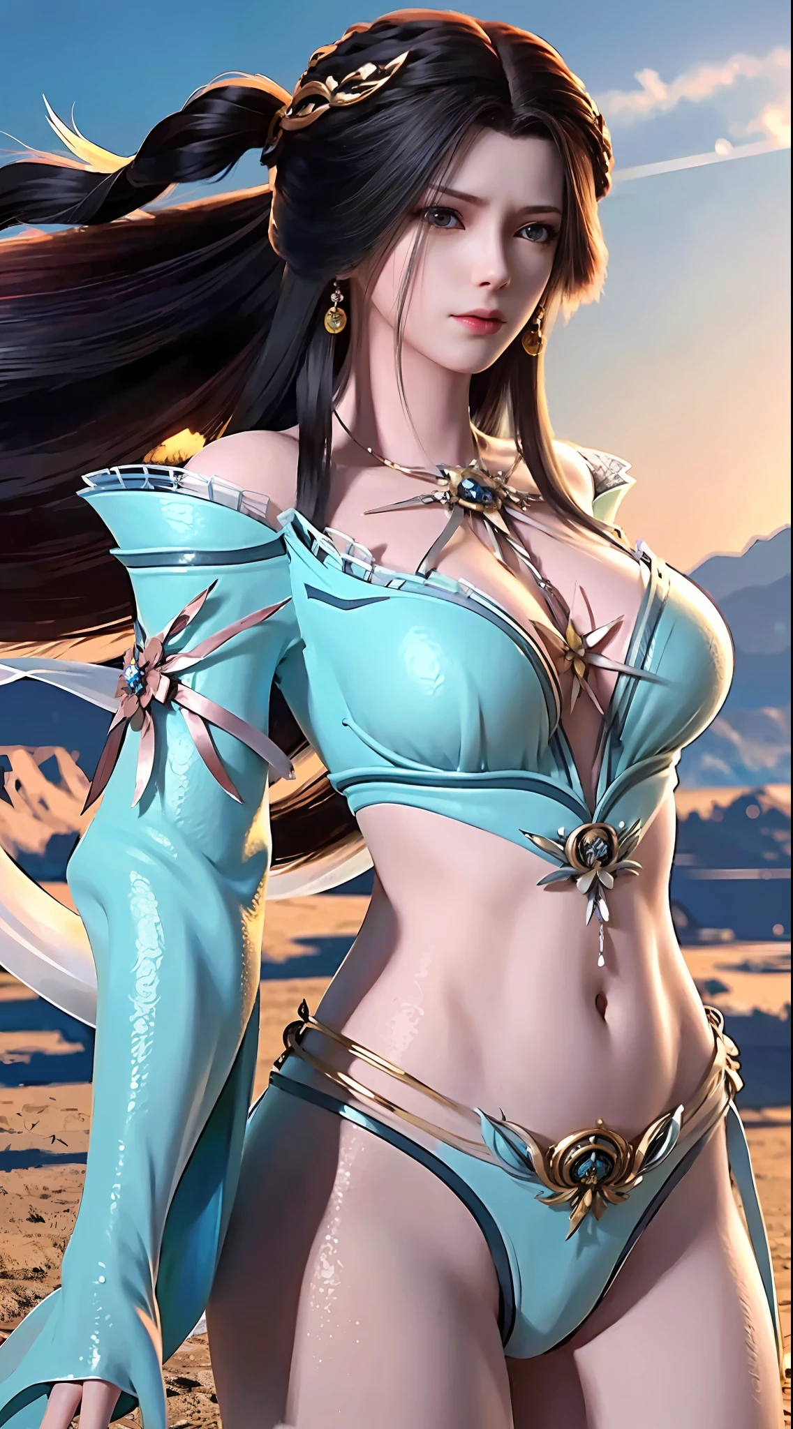 tmasterpiece,Need,1female,brunette color hair,cropped shoulders,long whitr hair,Milky bikini,Cowboy photos,Dynamic pose,dynamic angle,urban backdrop