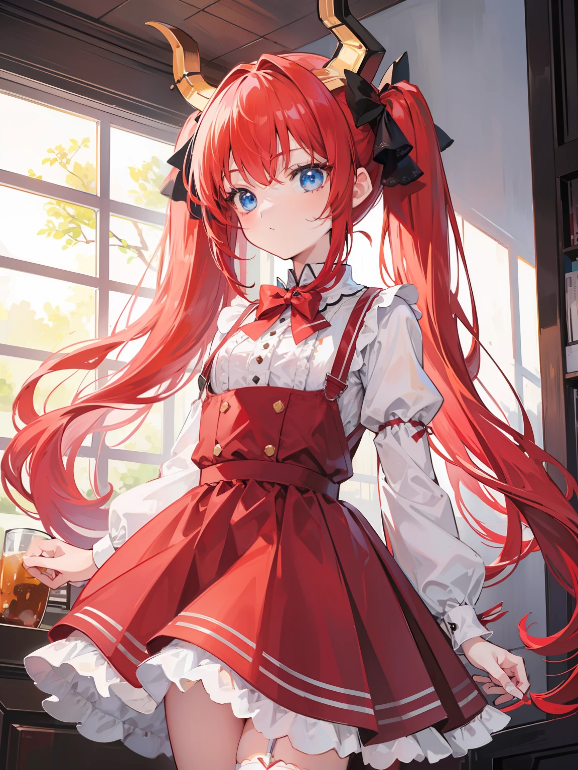 {{best quality}}, {{masterpiece}}, {{ultra-detailed}}, {illustration}, {detailed light}, red hair,blue eyes,twintails,lolita,Suspenders skirt,Fantastic,loli,solo,Dragon horns, girl,long hair