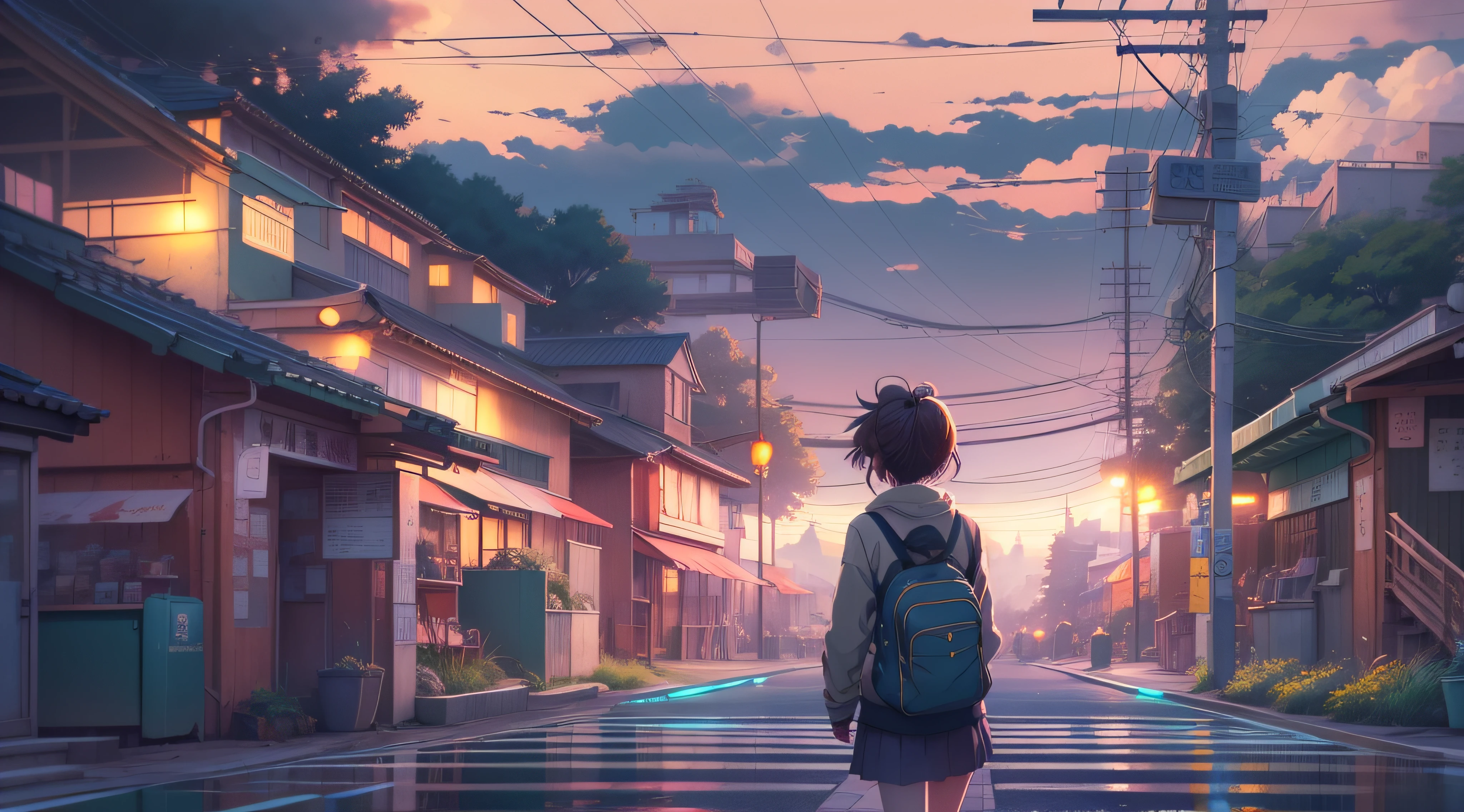 High quality masterpiece ，scenecy，Anime Town High School， Glittering starry sky。Modern Chinese small-town school，Pedestrians coming and going in the distance，Pisif，concept-art，Lofi art style，Reflectors。 By Makoto Shinkai, Lofi art, beautiful anime scenes, Anime landscapes, Detailed scenery —width 672, in the style of makoto shinkai, Makoto Shinkai's style，Detail enhancement。